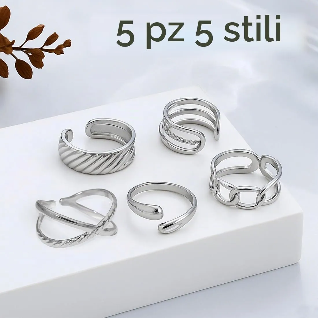 AFCJLTO Set di 5 Anelli Donna in Acciaio Inossidabile, Boho Minimalista Impilabili, Argento Regolabili - immagine 2