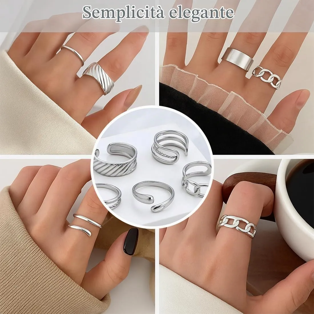 AFCJLTO Set di 5 Anelli Donna in Acciaio Inossidabile, Boho Minimalista Impilabili, Argento Regolabili - immagine 3