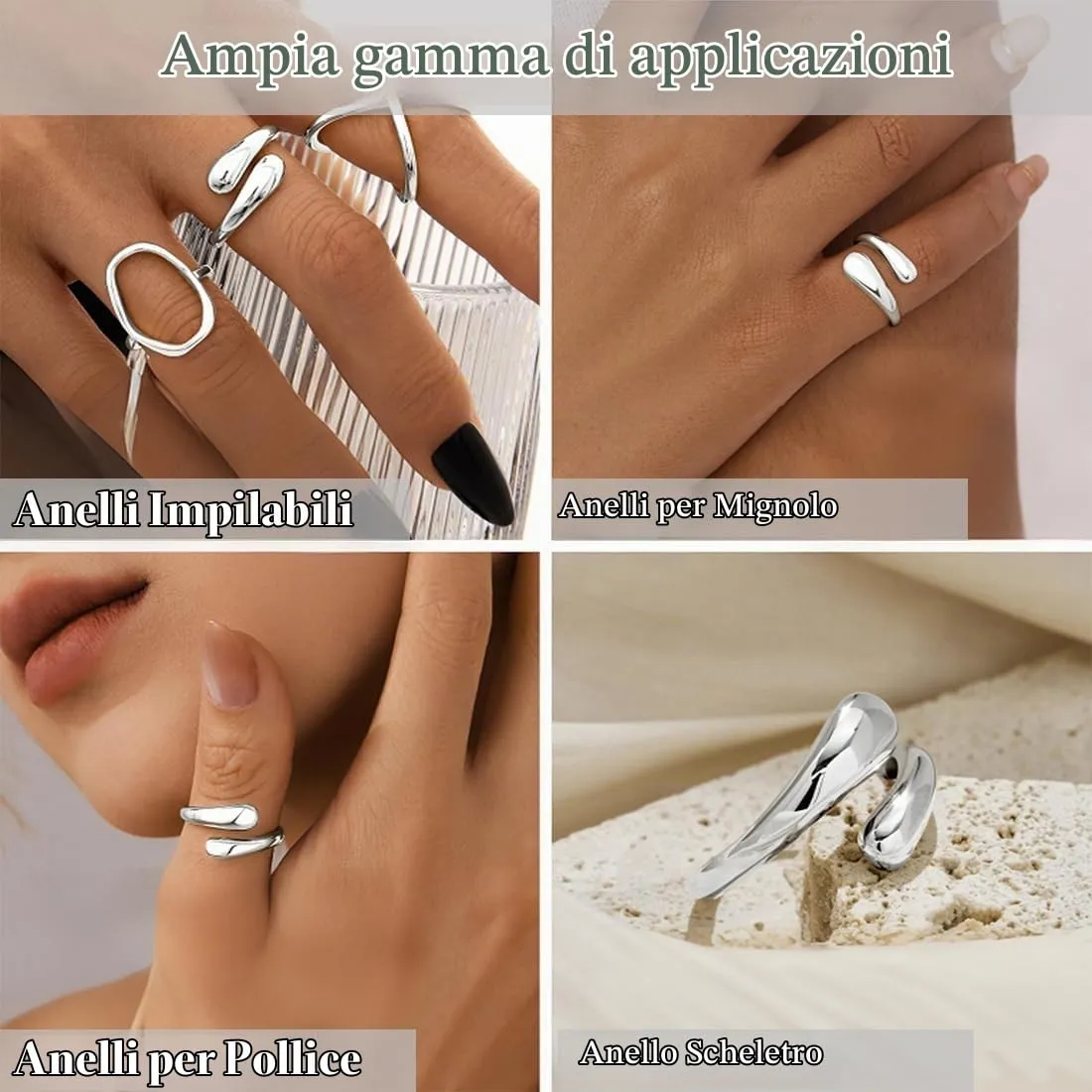 AFCJLTO Set di 5 Anelli Donna in Acciaio Inossidabile, Boho Minimalista Impilabili, Argento Regolabili - immagine 4