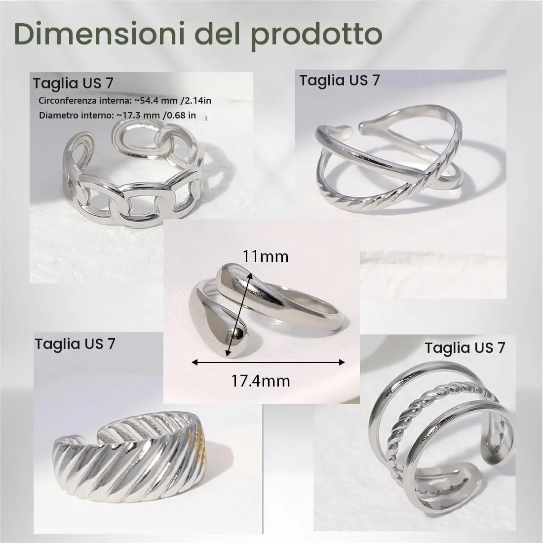 AFCJLTO Set di 5 Anelli Donna in Acciaio Inossidabile, Boho Minimalista Impilabili, Argento Regolabili - immagine 6