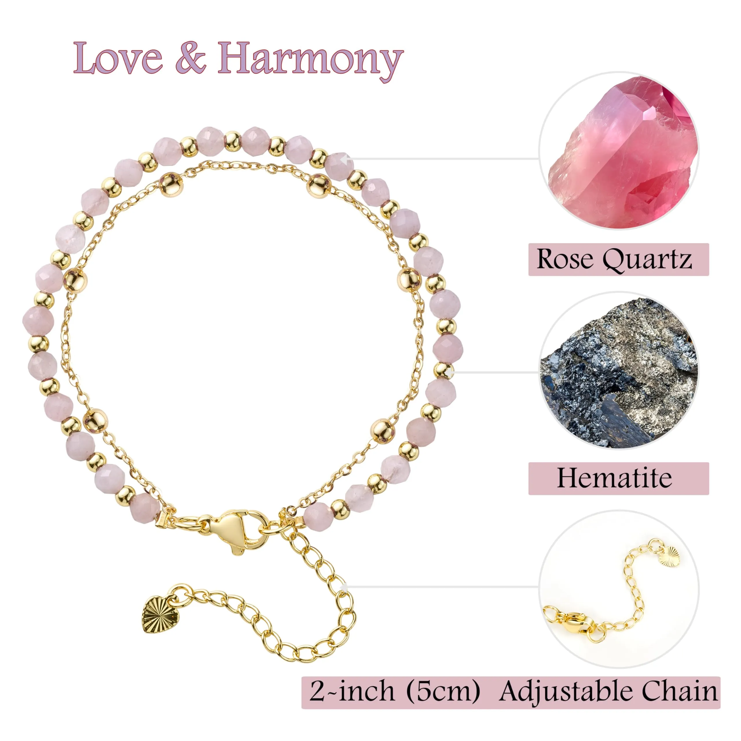 Farfume Bracciale in Quarzo Rosa e Pietre Naturali per Donna, Perle da 4mm - immagine 4