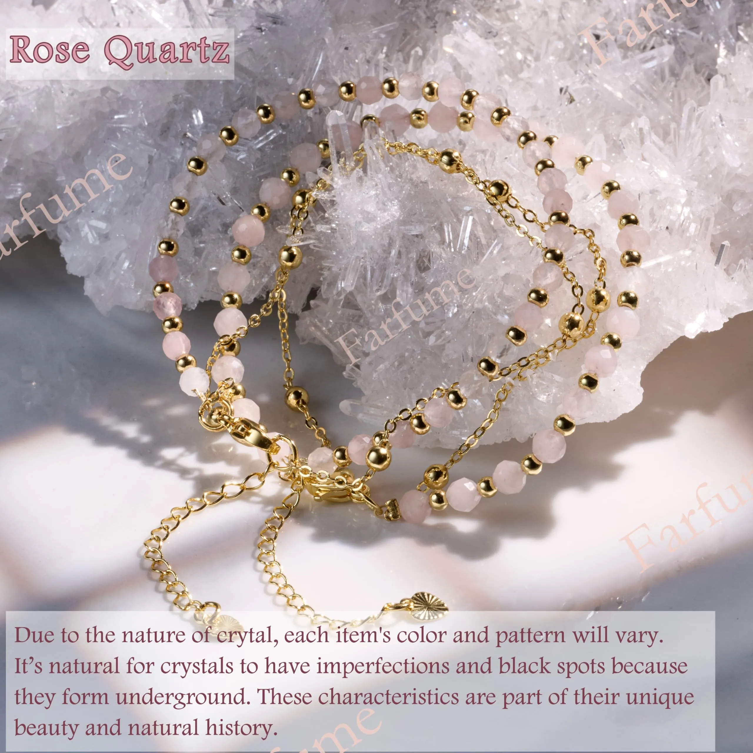 Farfume Bracciale in Quarzo Rosa e Pietre Naturali per Donna, Perle da 4mm - immagine 5