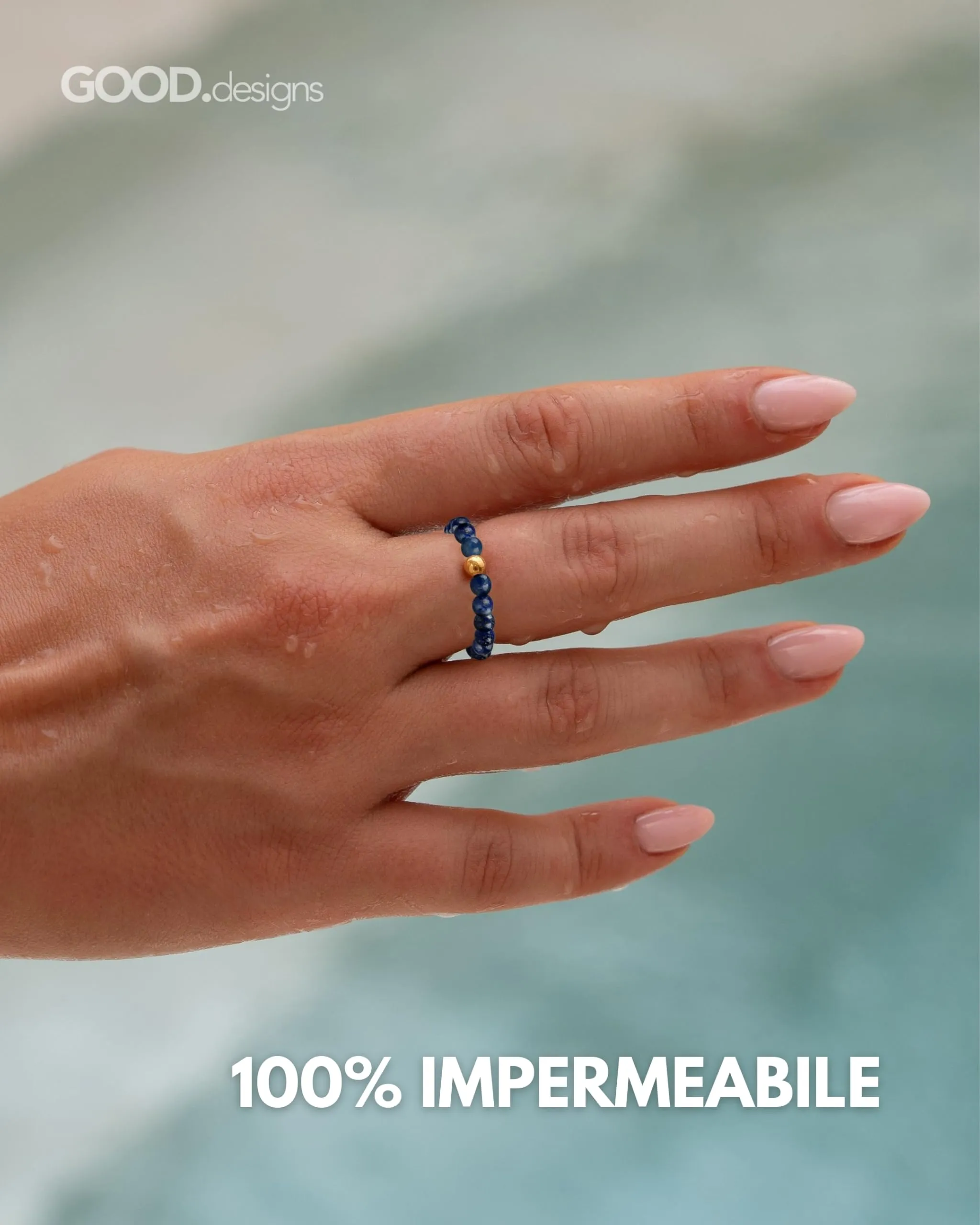 GD GOOD.designs Anello Antistress in Lapislazzuli e Argento 925 Dorato, Misura 54-60 - immagine 3