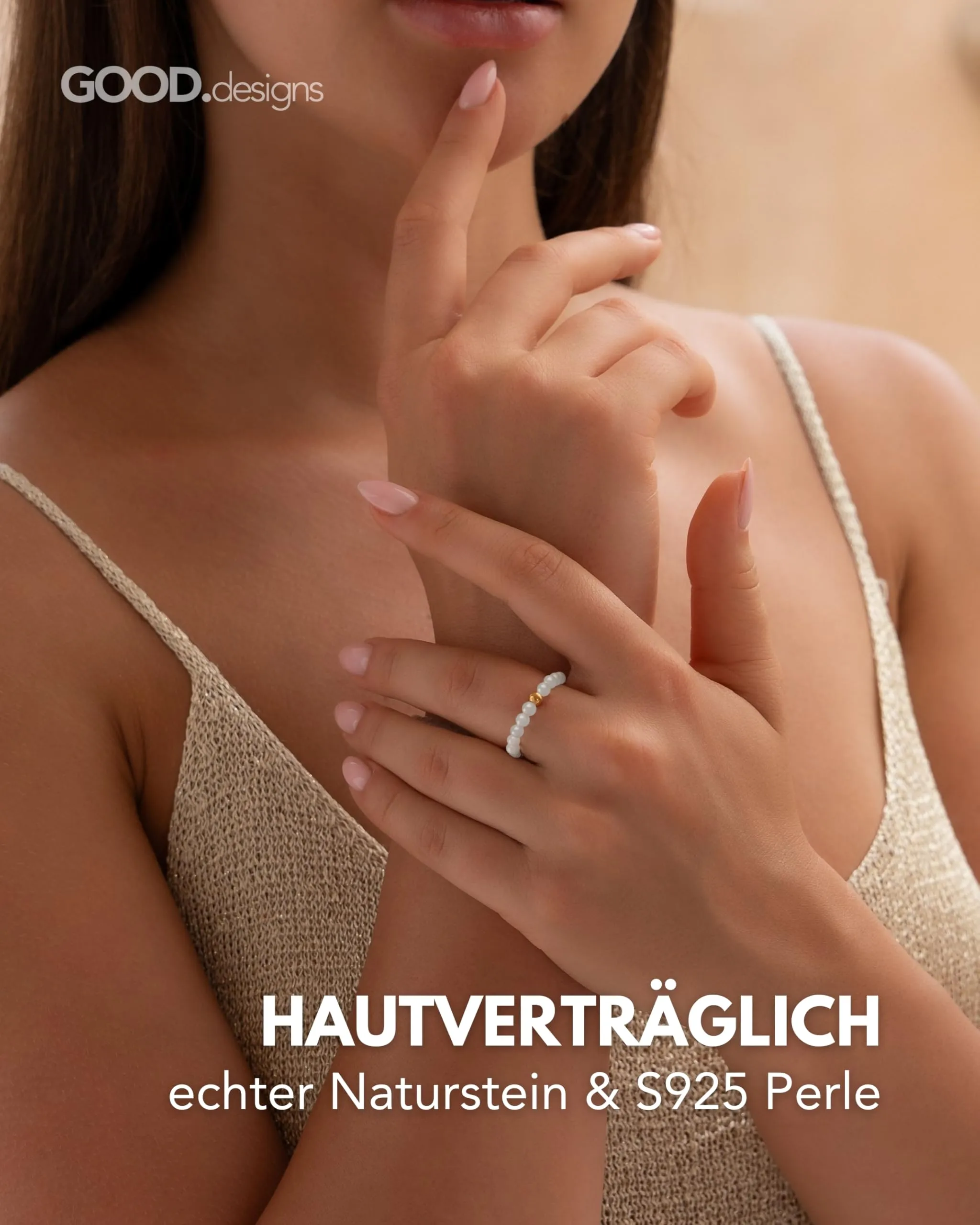 GD GOOD.designs Anello Antistress in Pietra di Luna e Argento 925 Dorato, Misura 54-60 - immagine 2