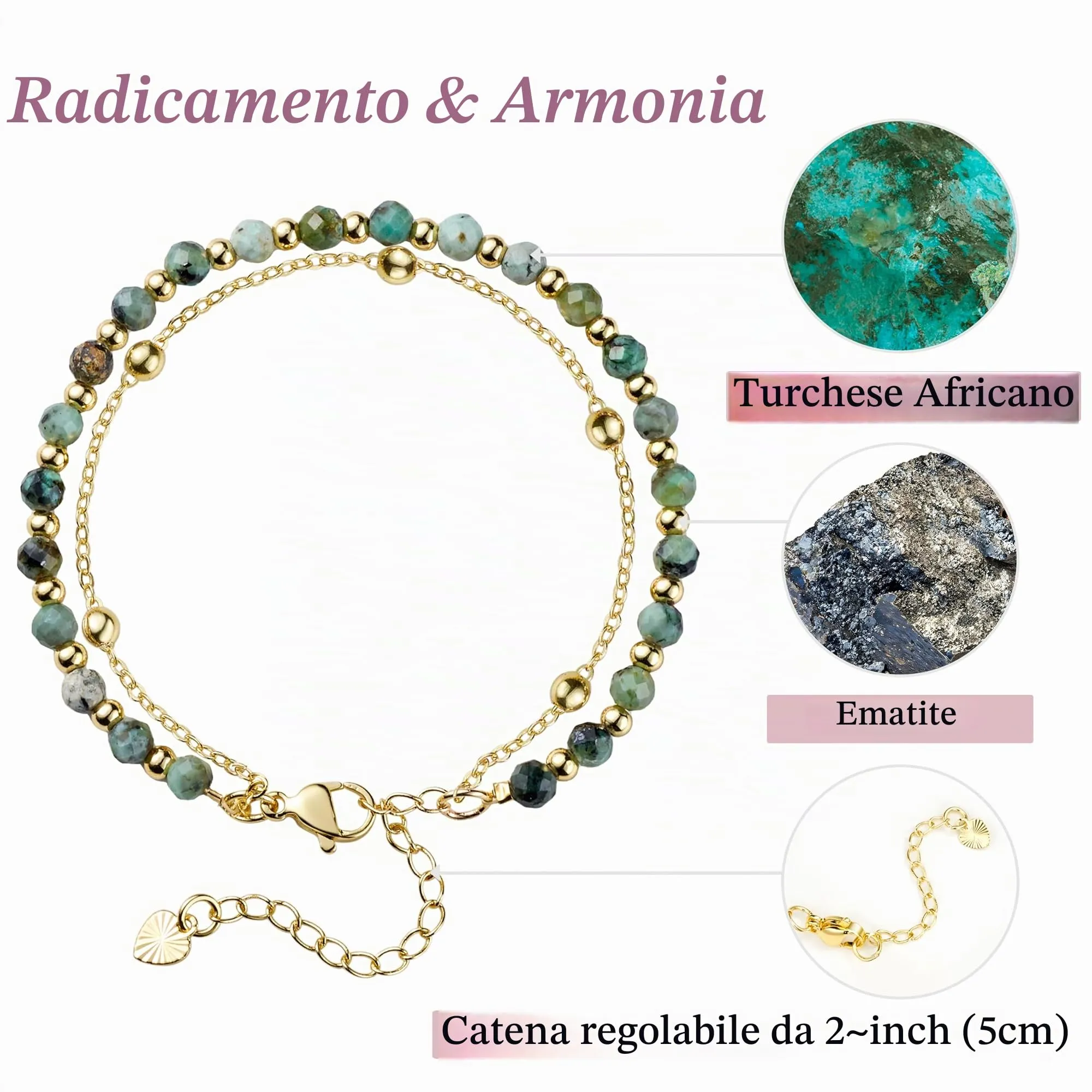 Farfume Bracciale in Turchese Africano e Pietre Naturali da 4mm per Donna - immagine 3