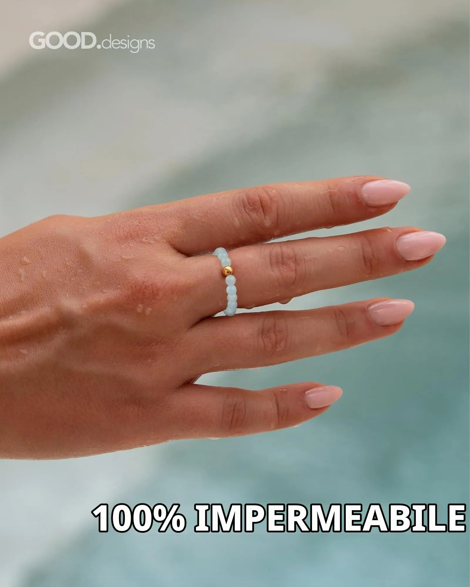 GD GOOD.designs Anello Antistress con Perle in Acquamarina e Perla Placcata Oro 18K, Impermeabile, Misura 54-60 - immagine 3
