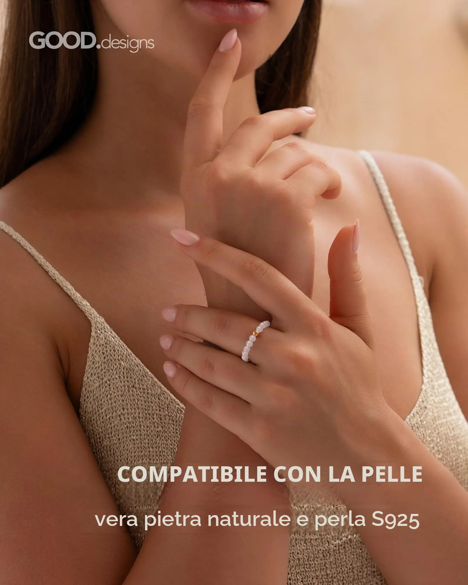 GD GOOD.designs Anello Antistress con Perle in Quarzo Rosa e Perla Placcata Oro 18K, Misura 54-60 - immagine 2
