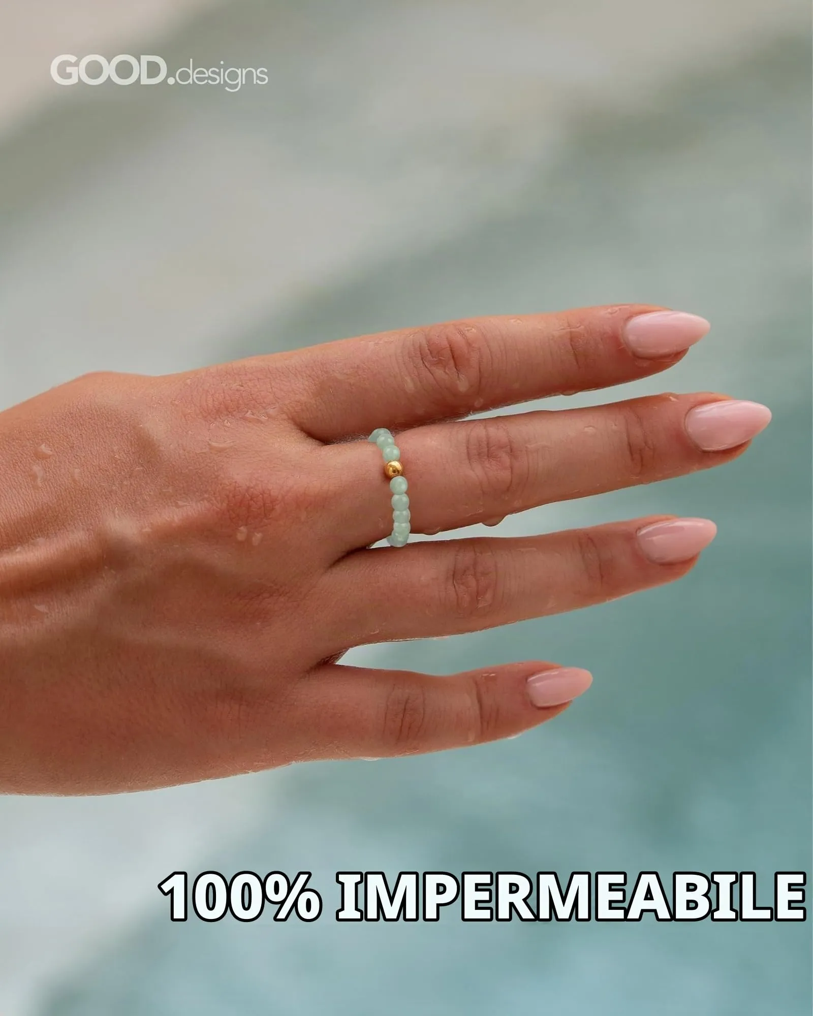 GD GOOD.designs Anello Antistress con Perle in Giada e Perla Placcata Oro 18K, Misura 54-60 - immagine 3