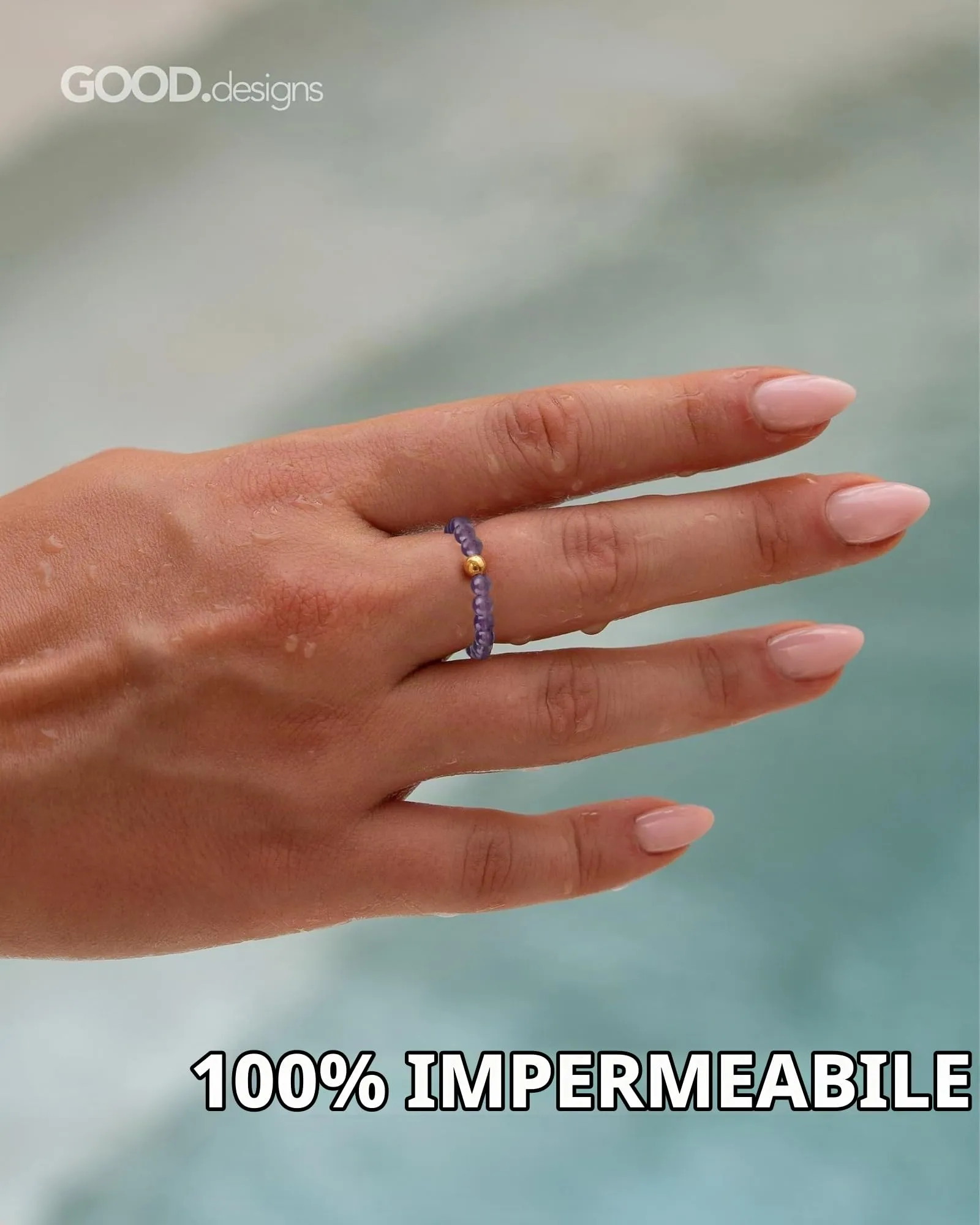 GD GOOD.designs Anello Antistress con Perle in Ametista e Perla Placcata Oro 18K, Misura 54-60 - immagine 3
