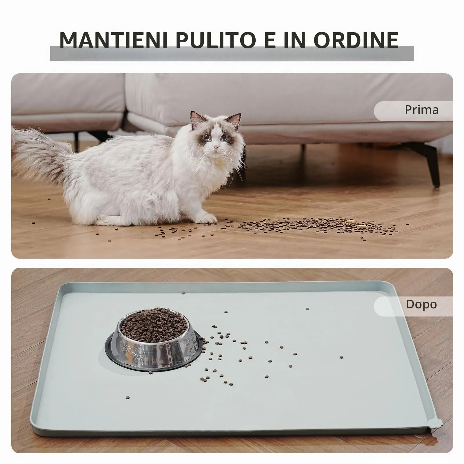 Reopet Tappetino in Silicone per Cibo e Acqua per Animali Domestici, Impermeabile con Bordi Rialzati, 53 x 37 cm, Grigio chiaro - immagine 6