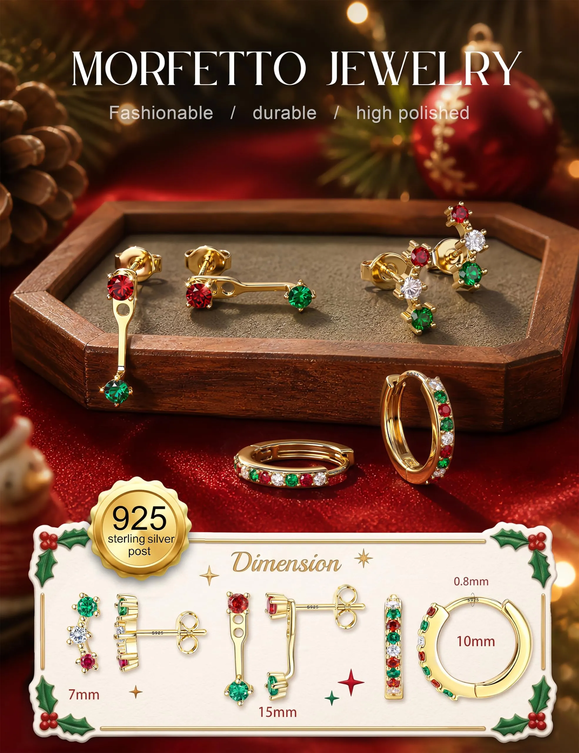 Morfetto Set di 3 Paia di Orecchini in Argento 925 Placcato Oro 14K, Orecchini a Bottone e Huggie Hoop, Oro11 - immagine 3