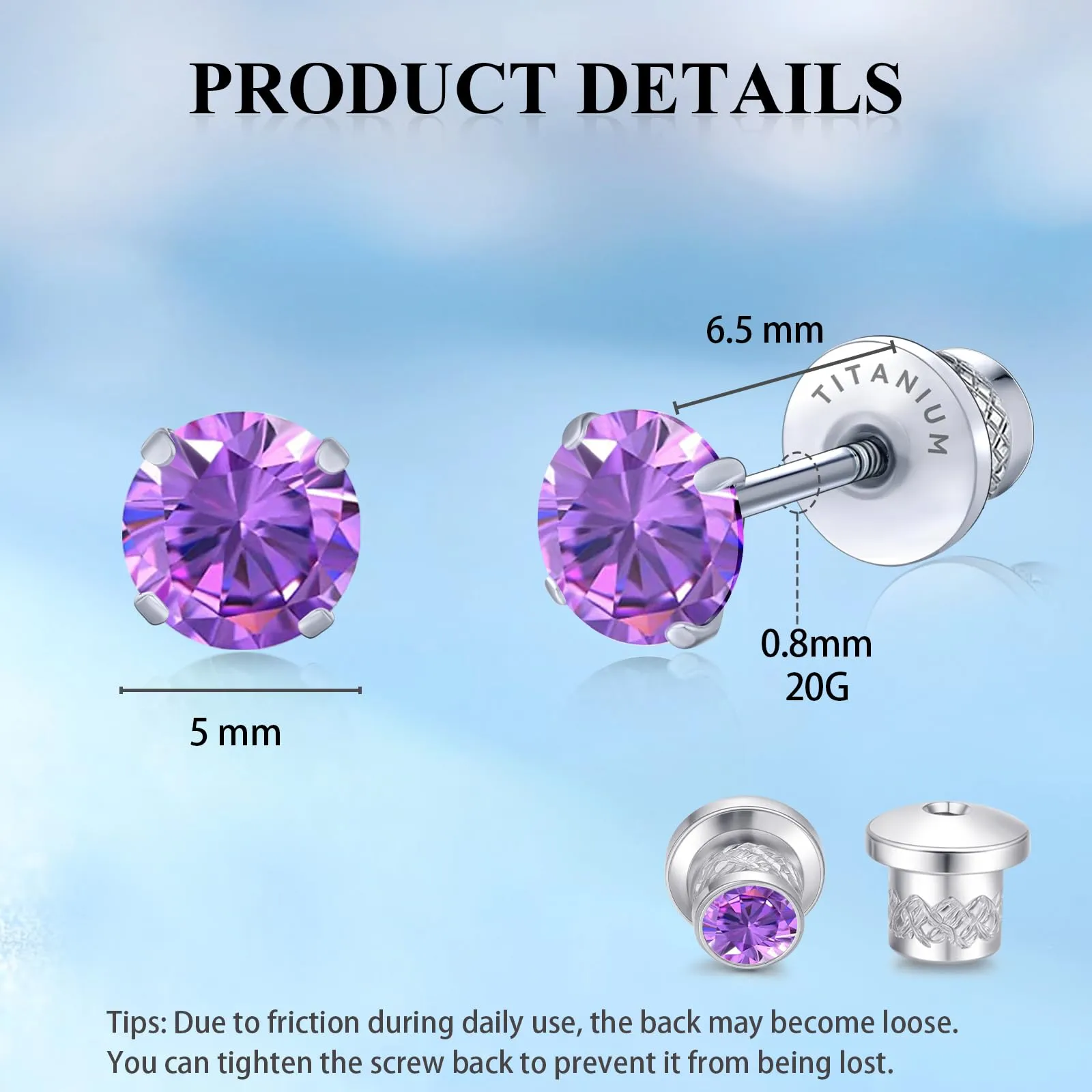limerencia G23 Orecchini in Titanio con Zircone Cubica, Retro a Vite, 5mm, Viola - immagine 3