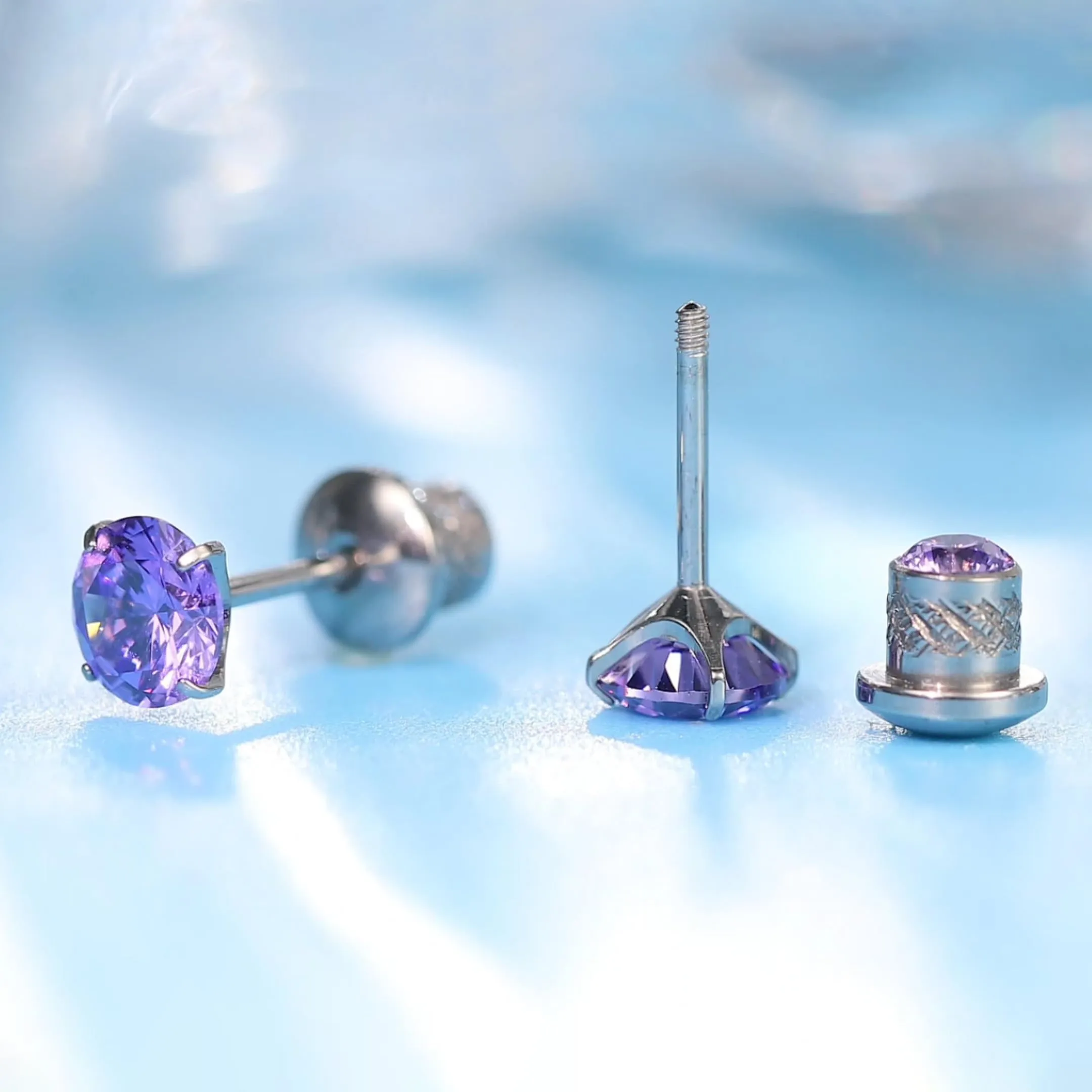 limerencia G23 Orecchini in Titanio con Zircone Cubica, Retro a Vite, 5mm, Viola - immagine 7