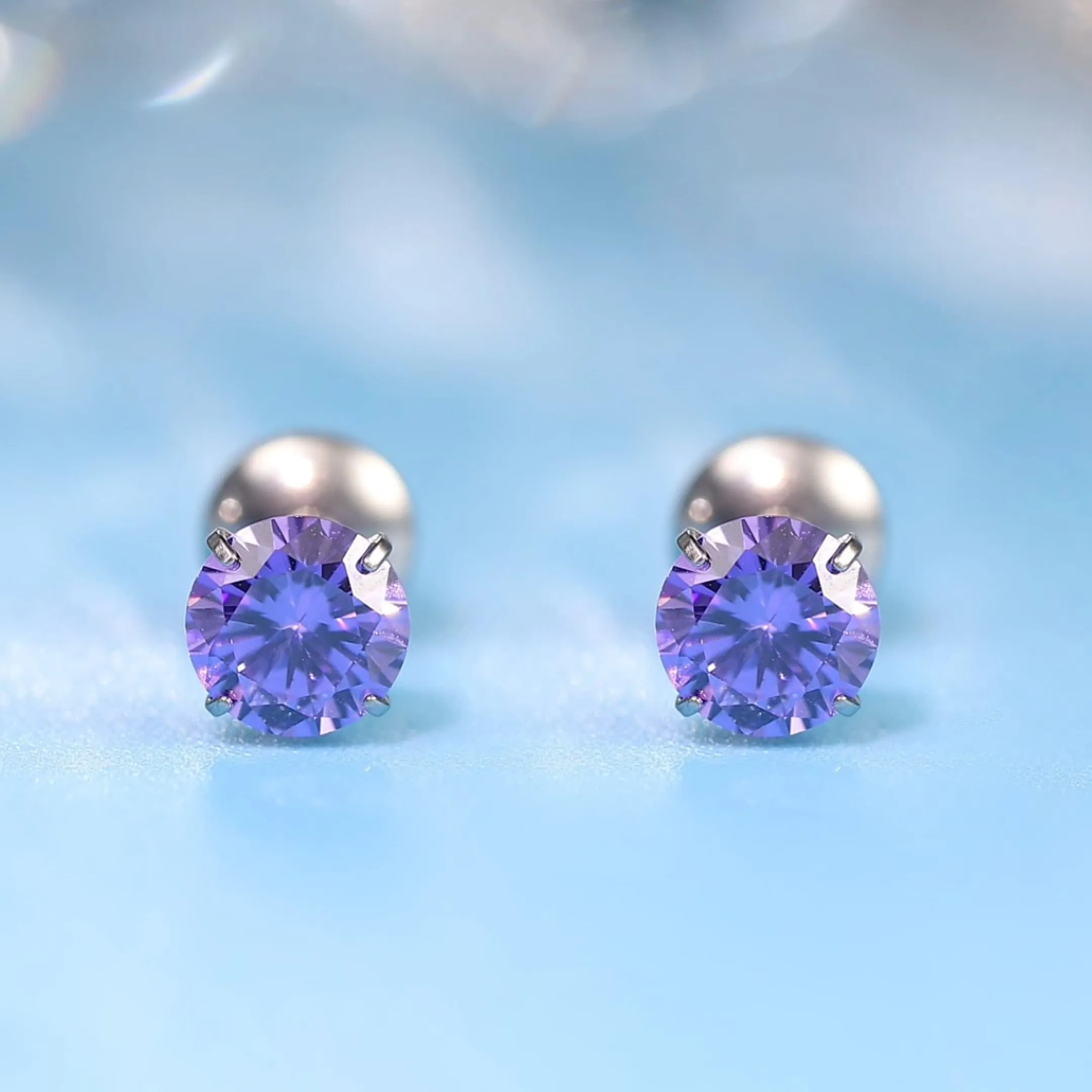 limerencia G23 Orecchini in Titanio con Zircone Cubica, Retro a Vite, 5mm, Viola - immagine 8