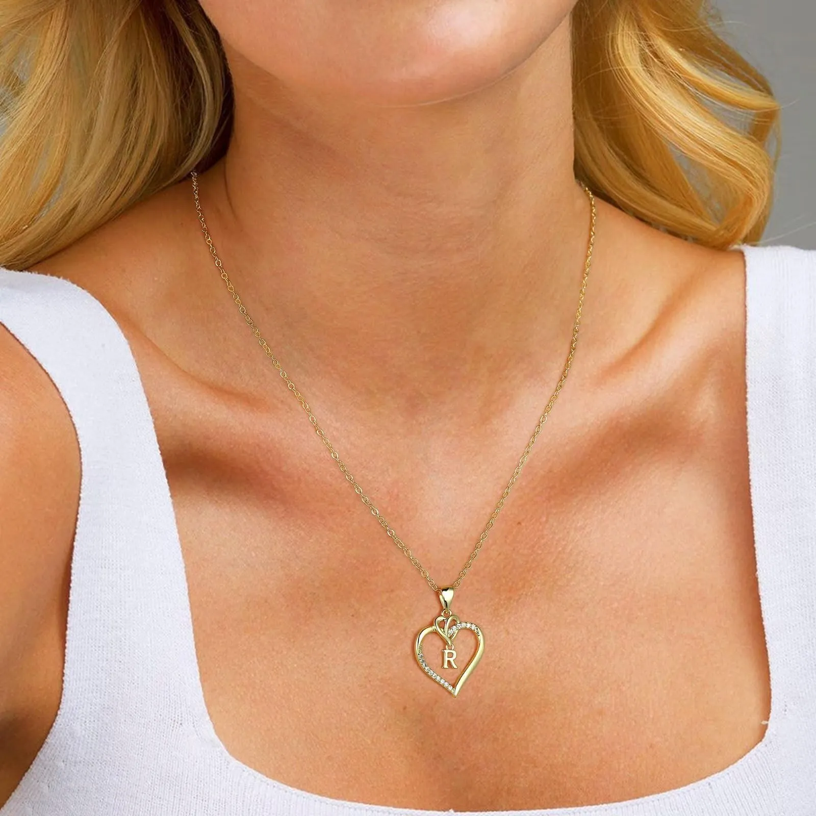TINGN Collana con Iniziale V e Ciondolo a Cuore in Oro e CZ per Donna - immagine 3