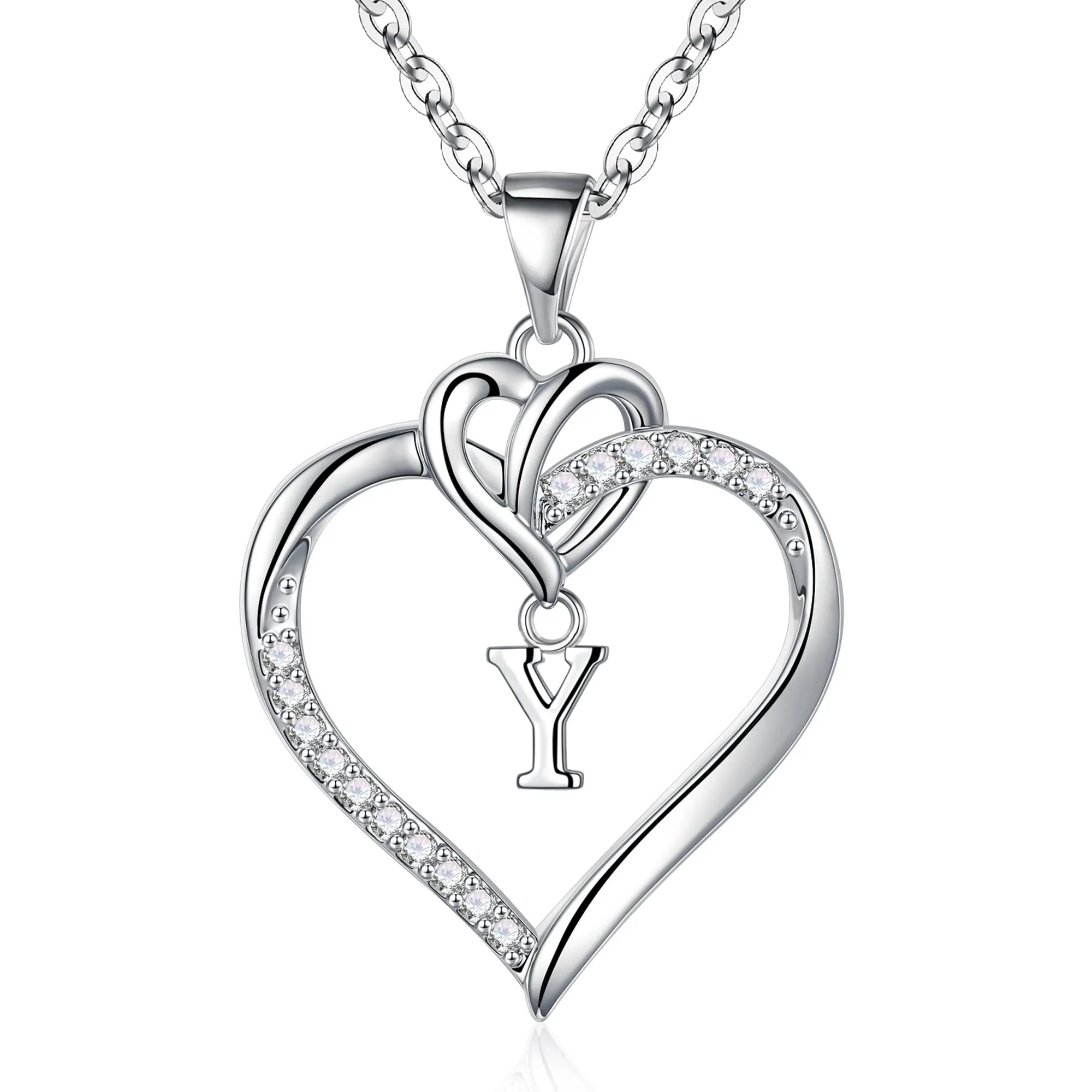 TINGN Collana con Iniziale Y e Cuore in Zirconi Cubici Placcati in Oro Bianco 14K per Donne e Ragazze - immagine 1