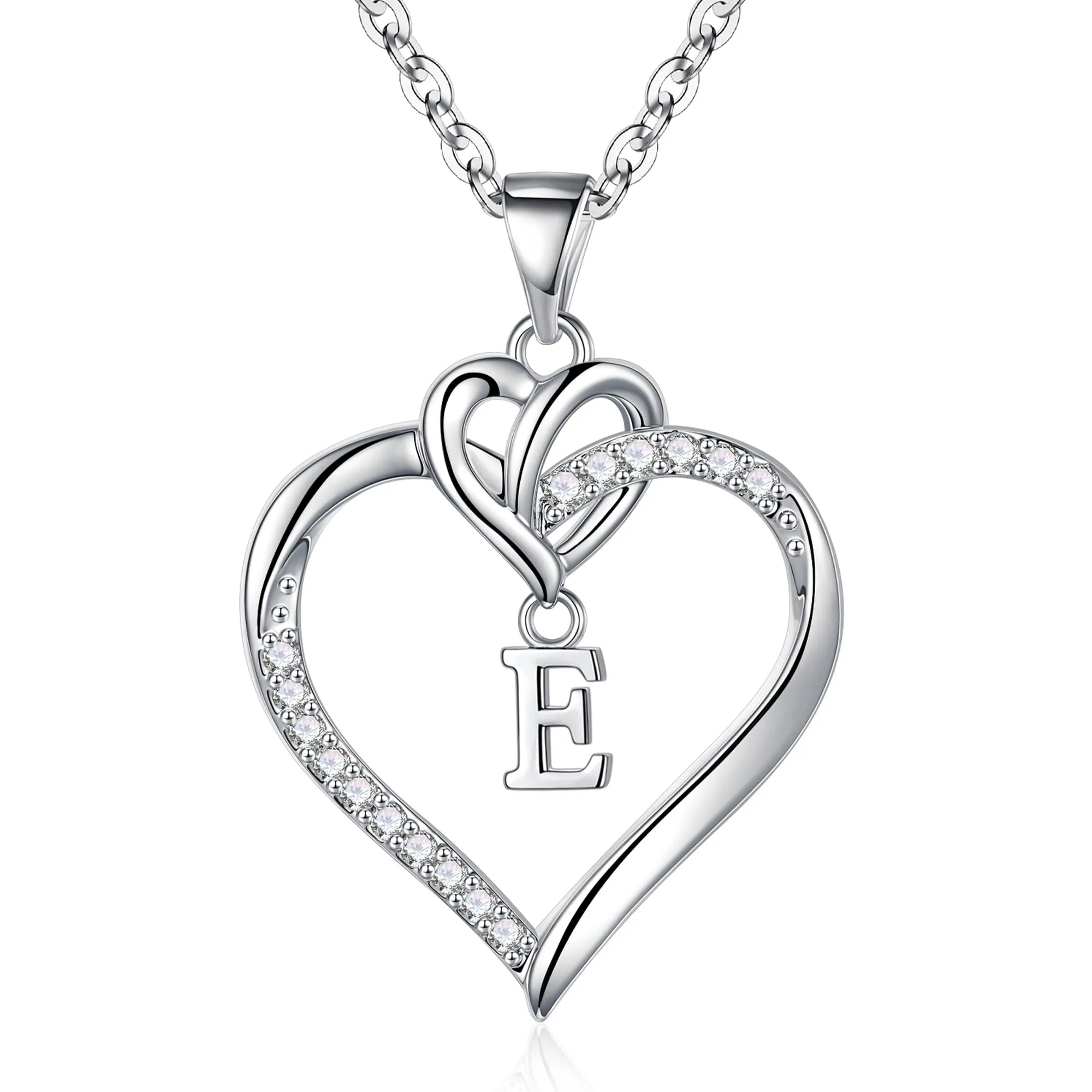 TINGN Collana con Iniziale Lettera E e Ciondolo a Cuore in CZ, Placcata Oro Bianco 14K - immagine 1