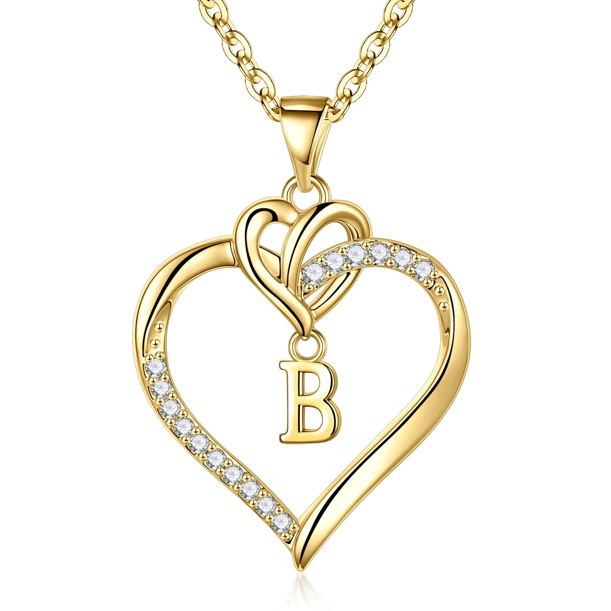 TINGN Collana con Ciondolo a Cuore e Lettera Iniziale B in Oro 14K e Zirconi - immagine 1