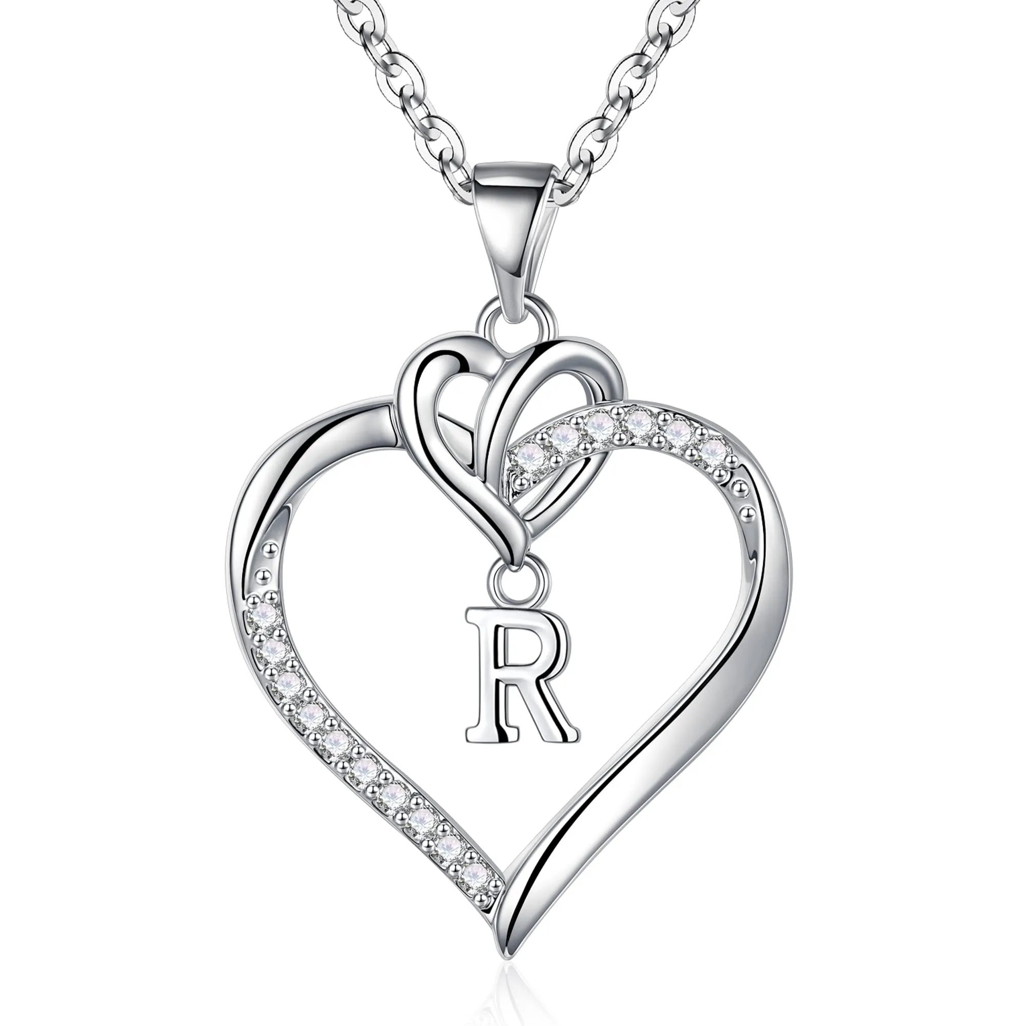 TINGN Collana con Lettera R e Ciondolo a Cuore in Argento per Donna - immagine 1