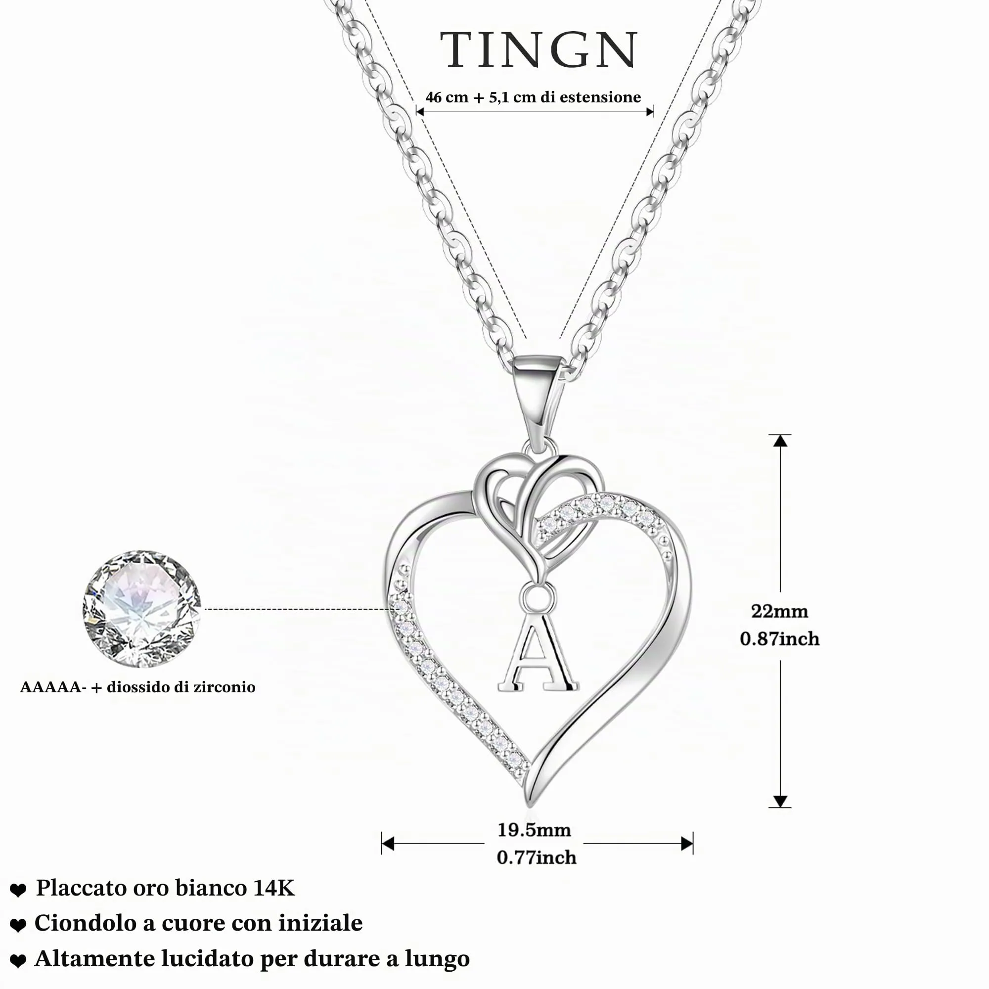 TINGN Collana con Iniziale G a Cuore, Ciondolo in Zirconi Cubici Placcati in Oro Bianco 14K - immagine 5