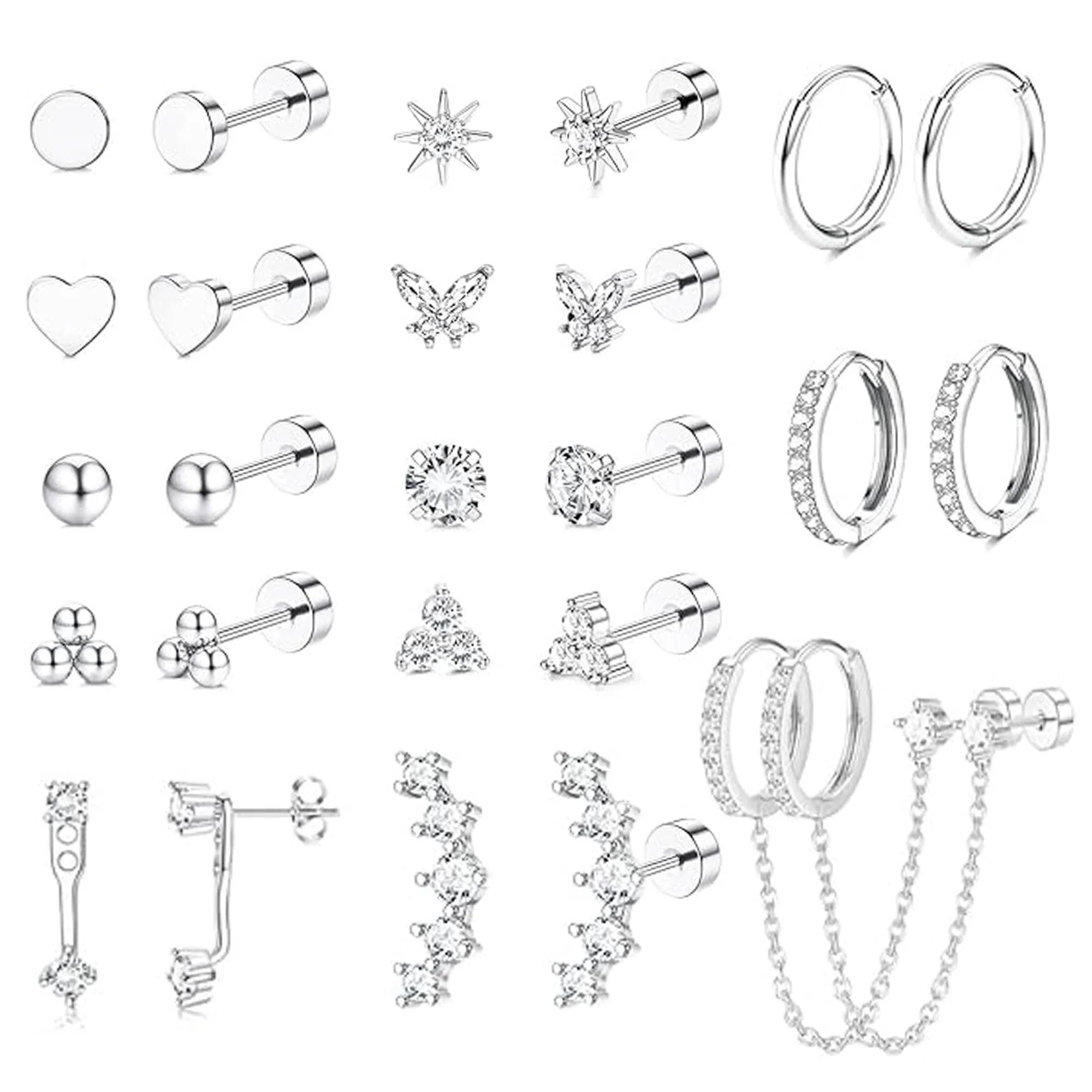LOFITOR Set Orecchini Base Piatta in Acciaio Chirurgico, Stud e Cerchi per Multiplo Piercing e Cartilagine, Argento - immagine 1