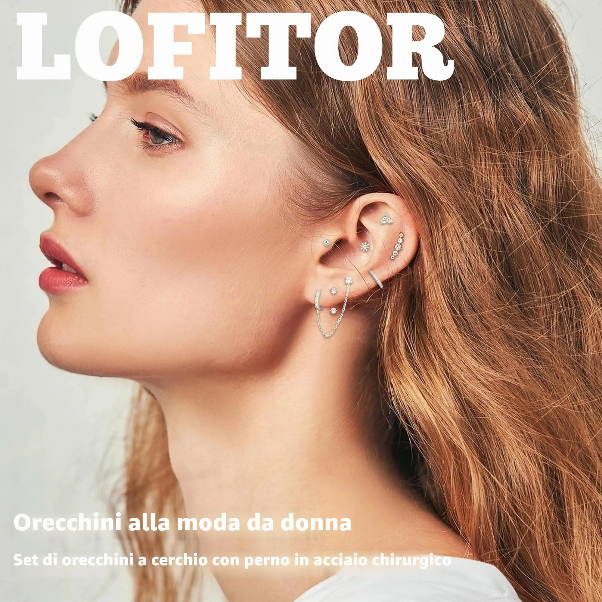 LOFITOR Set Orecchini Base Piatta in Acciaio Chirurgico, Stud e Cerchi per Multiplo Piercing e Cartilagine, Argento - immagine 2