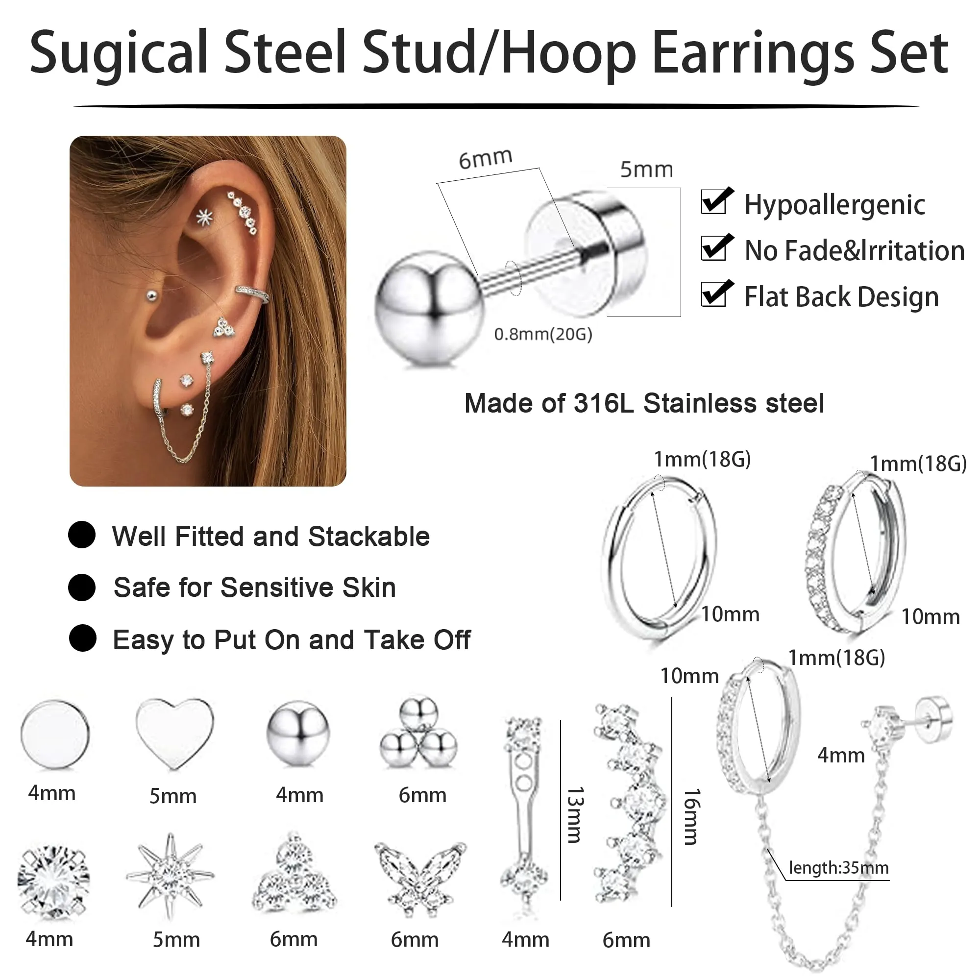 LOFITOR Set Orecchini Base Piatta in Acciaio Chirurgico, Stud e Cerchi per Multiplo Piercing e Cartilagine, Argento - immagine 4