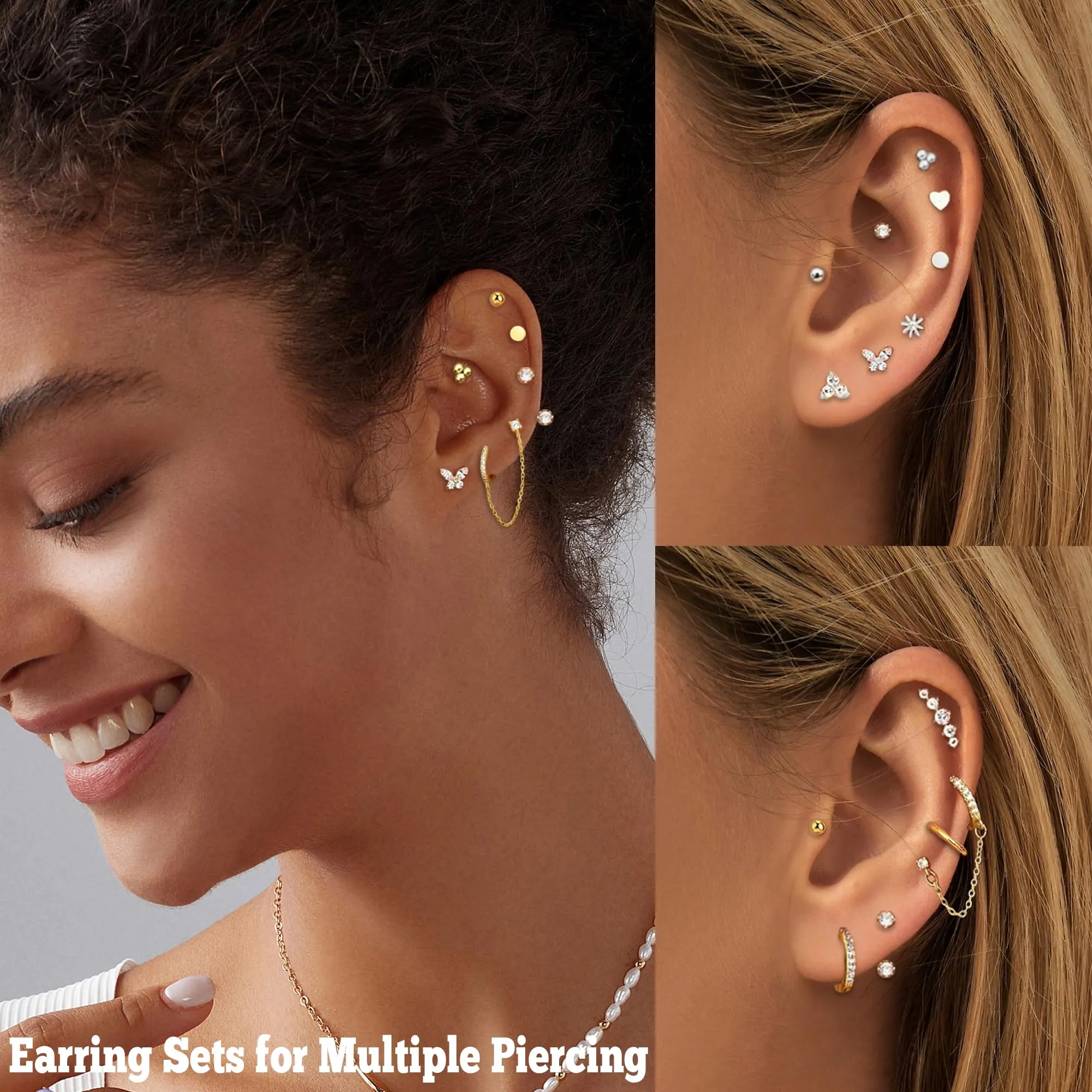 LOFITOR Set Orecchini Base Piatta in Acciaio Chirurgico, Stud e Cerchi per Multiplo Piercing e Cartilagine, Argento - immagine 5