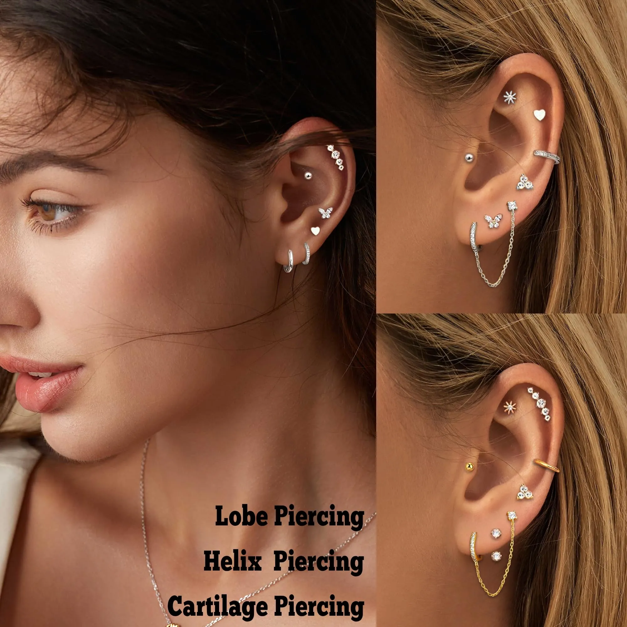 LOFITOR Set Orecchini Base Piatta in Acciaio Chirurgico, Stud e Cerchi per Multiplo Piercing e Cartilagine, Argento - immagine 6