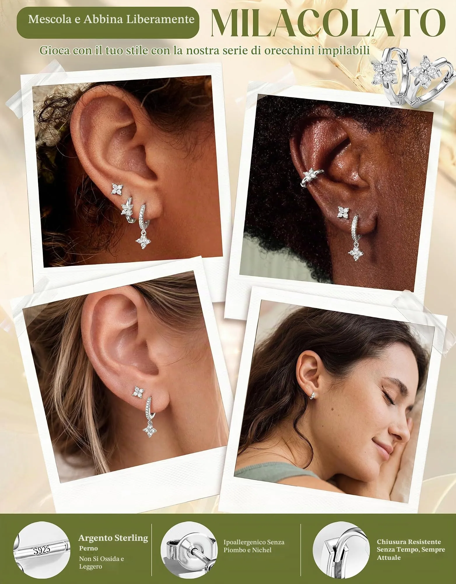 Milacolato Set 3 Paia Orecchini Donna in Argento 925, Cerchi e Bottone Anallergici, Placcato Oro 14K, per Piercing Lobo e Cartilagine - immagine 2