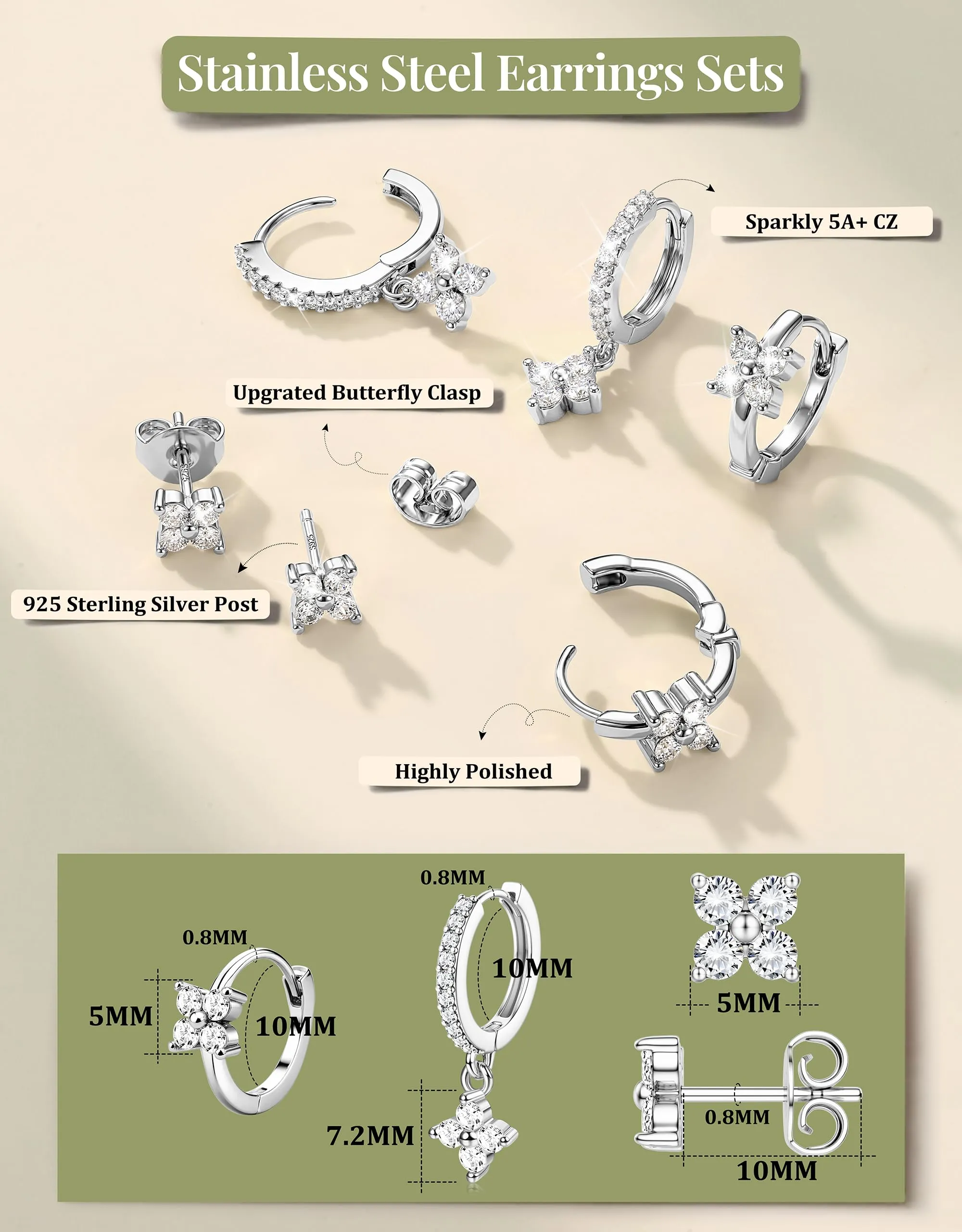 Milacolato Set 3 Paia Orecchini Donna in Argento 925, Cerchi e Bottone Anallergici, Placcato Oro 14K, per Piercing Lobo e Cartilagine - immagine 3