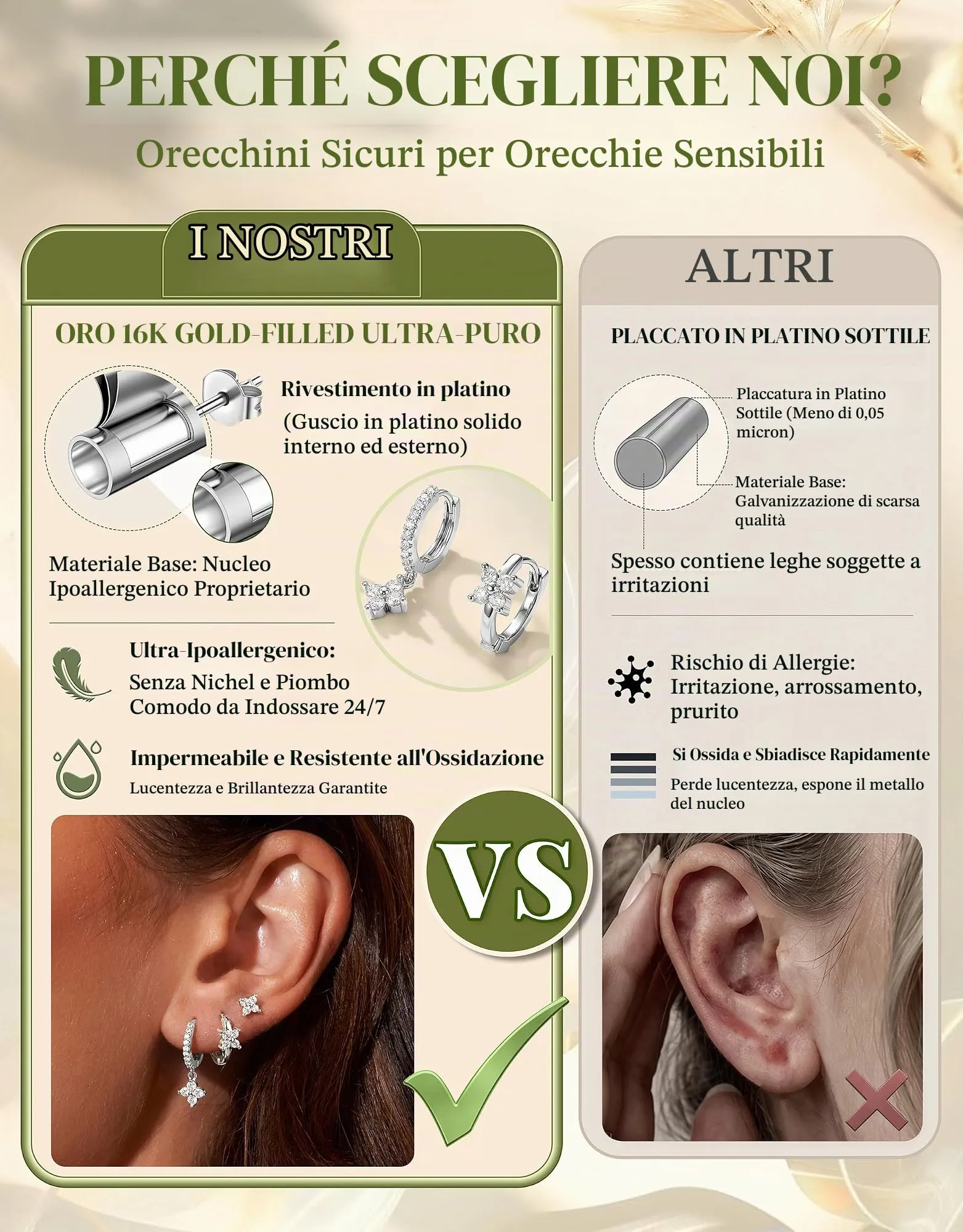 Milacolato Set 3 Paia Orecchini Donna in Argento 925, Cerchi e Bottone Anallergici, Placcato Oro 14K, per Piercing Lobo e Cartilagine - immagine 5