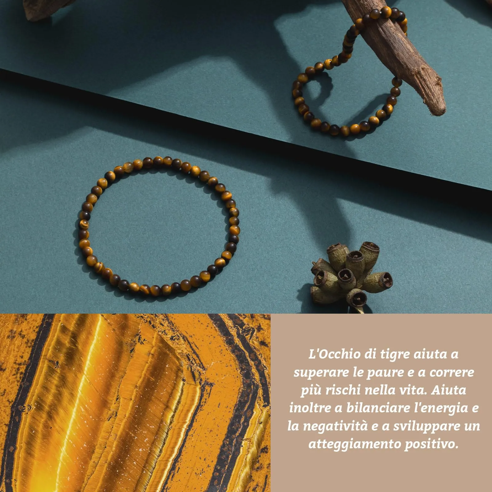 Landorilo Bracciale in Pietra Naturale Occhio di Tigre Giallo, 4 mm, Set da 2 Pezzi - immagine 3