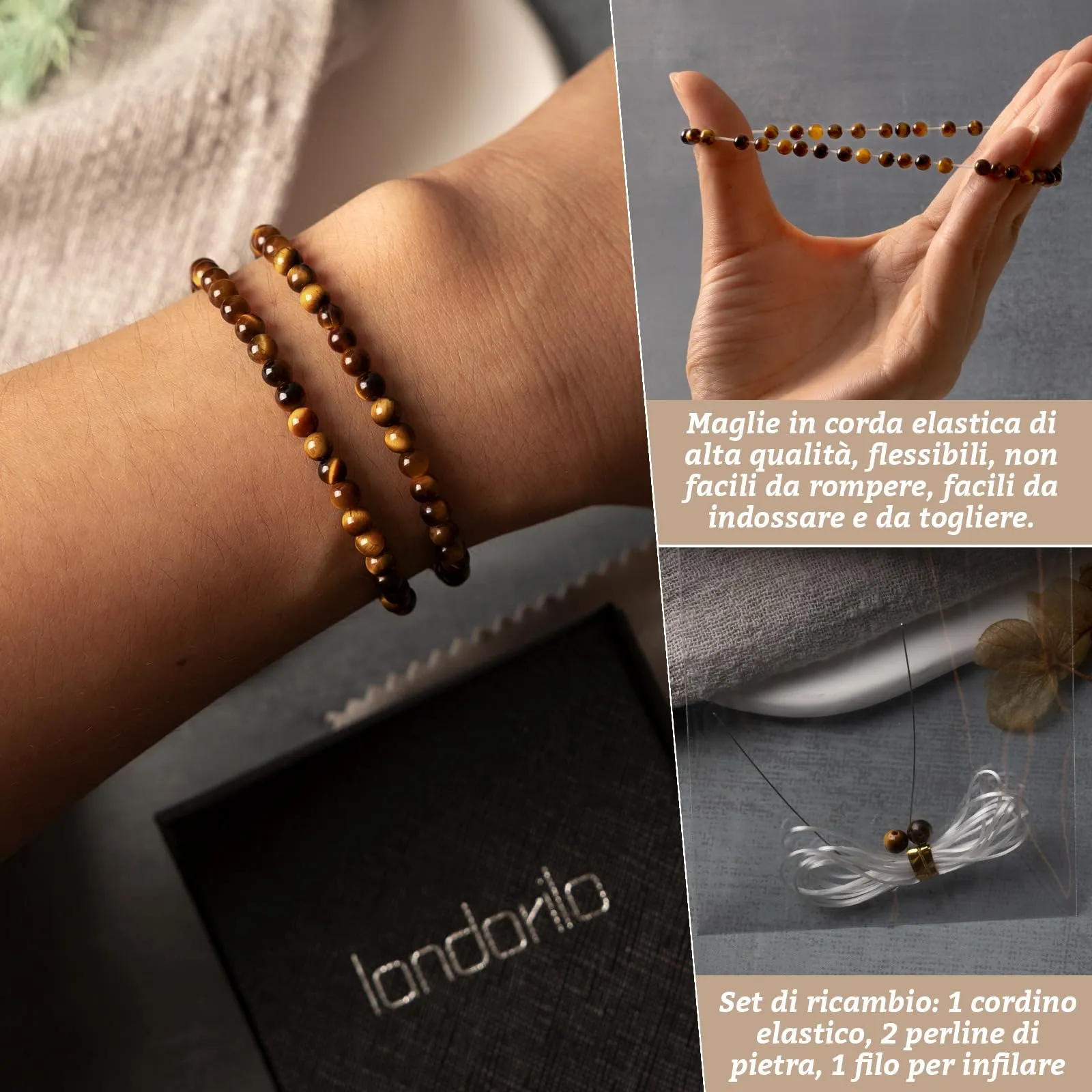 Landorilo Bracciale in Pietra Naturale Occhio di Tigre Giallo, 4 mm, Set da 2 Pezzi - immagine 5