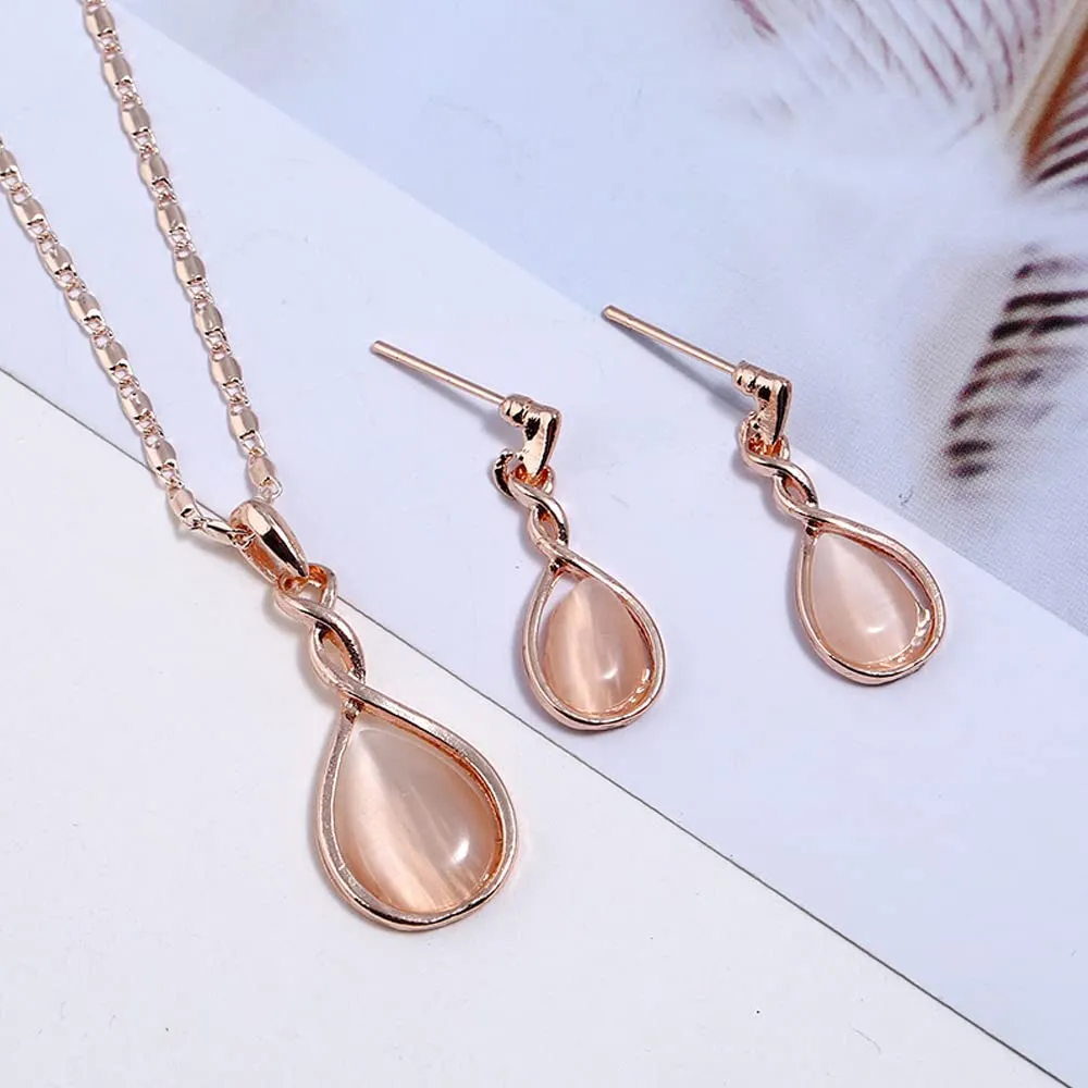 HSAJS Set di Gioielli in Oro Rosa con Strass e Cristalli a Goccia, Collana e Orecchini (Rosa) - immagine 7