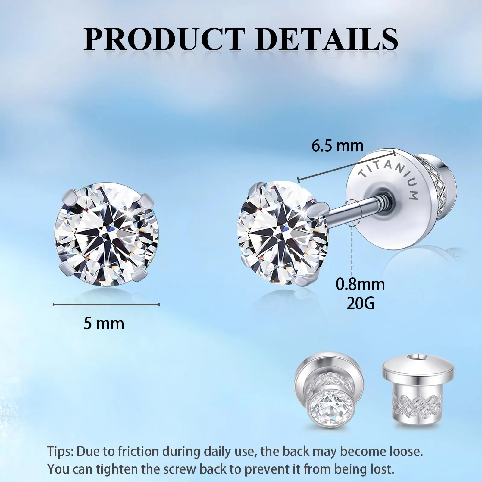 Limerencia G23 Orecchini in Titanio con Zircone Cubica, 5mm, Bianco - immagine 3