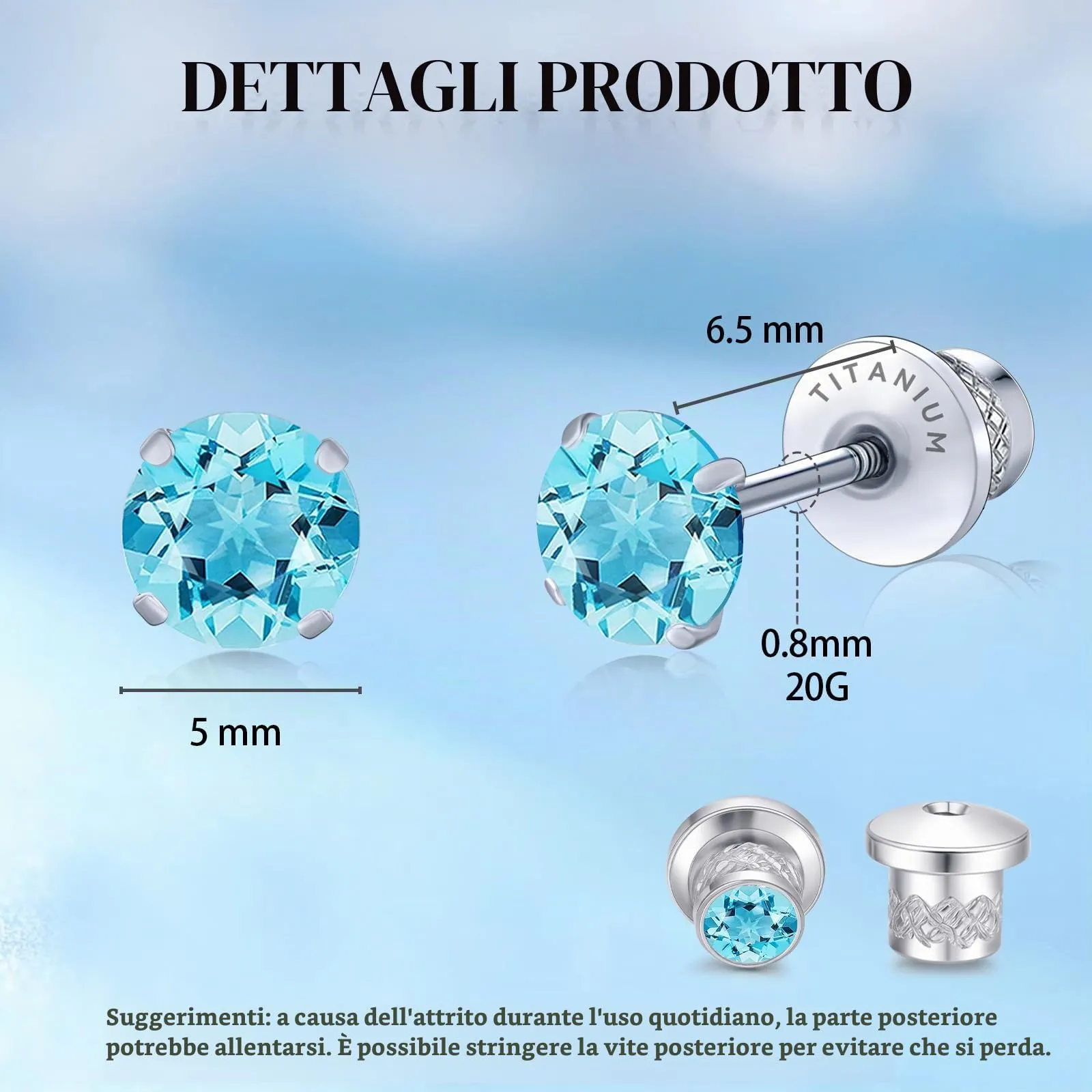 Limerencia G23 Orecchini in Titanio con Diamante e Retro a Vite, 5mm, Acquamarina - immagine 3