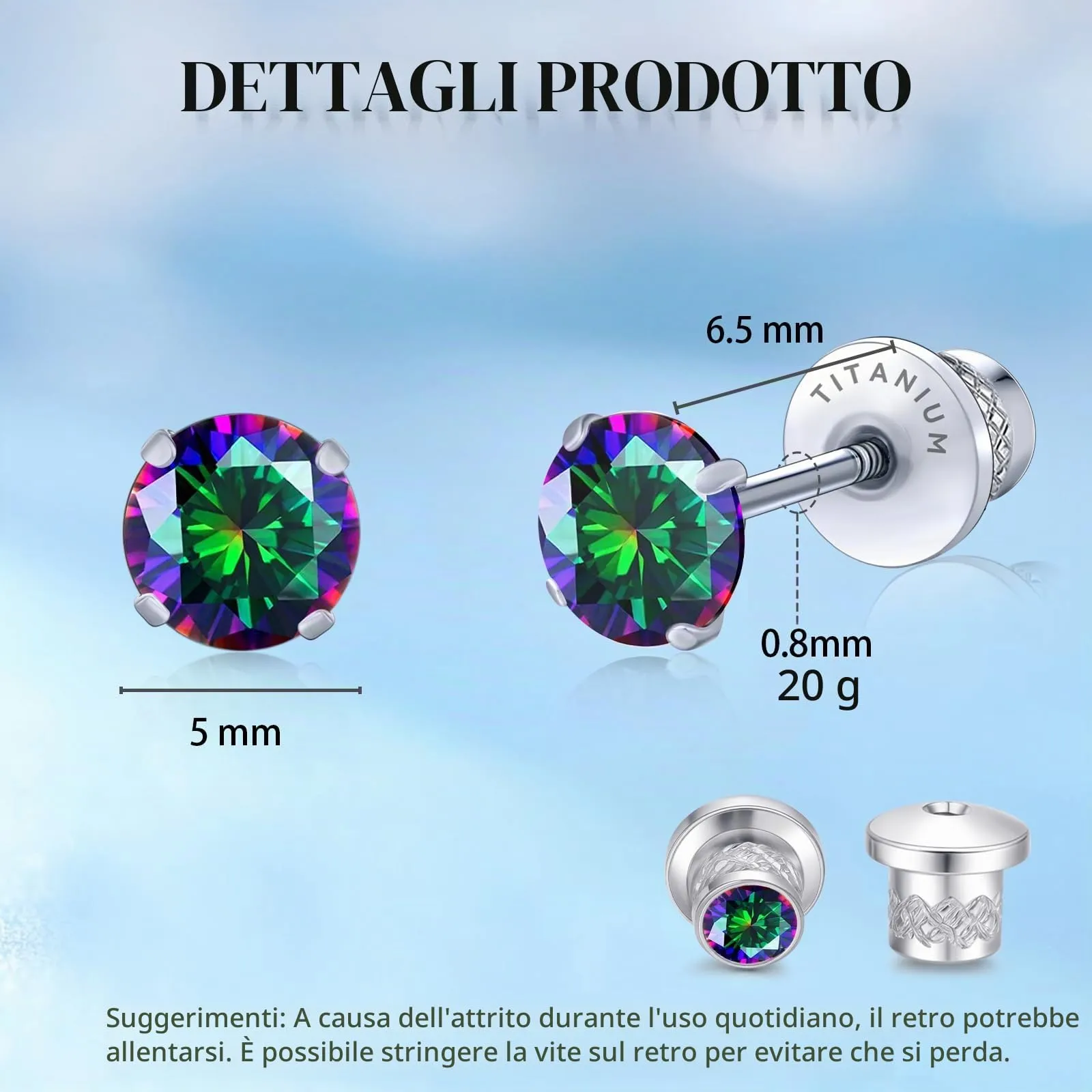 Limerencia G23 Orecchini in Titanio con Zircone Cubica e Retro a Vite, 5mm - immagine 3
