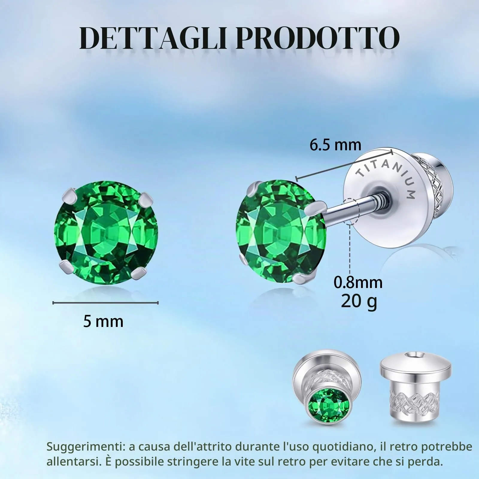 Limerencia G23 Orecchini in Titanio con Zircone Cubica, 5mm, Verde - immagine 3