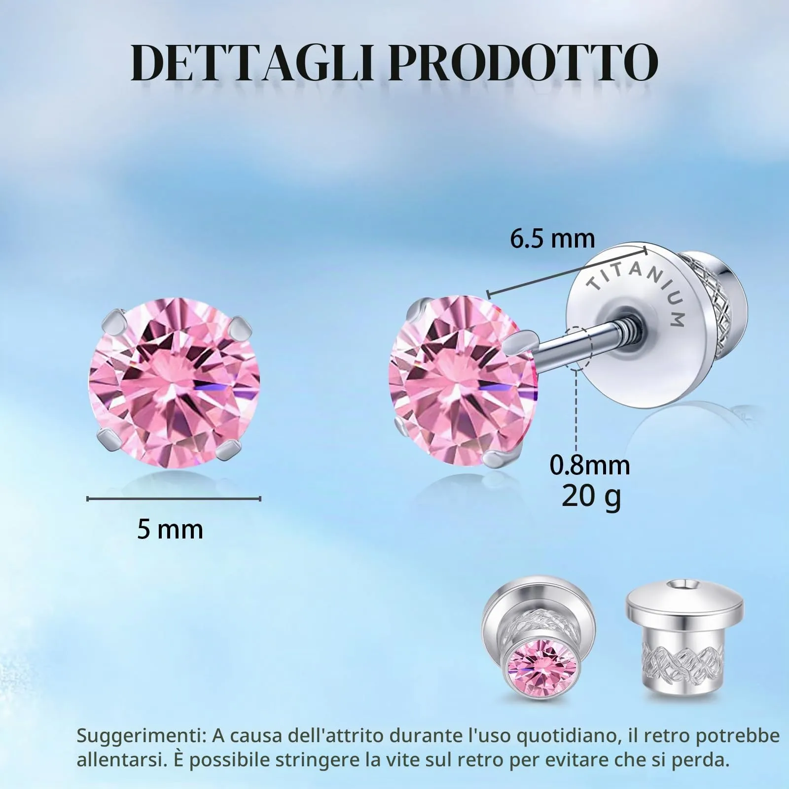 Limerencia G23 Orecchini in Titanio con Zircone Cubica, Rosa, 5mm - immagine 3