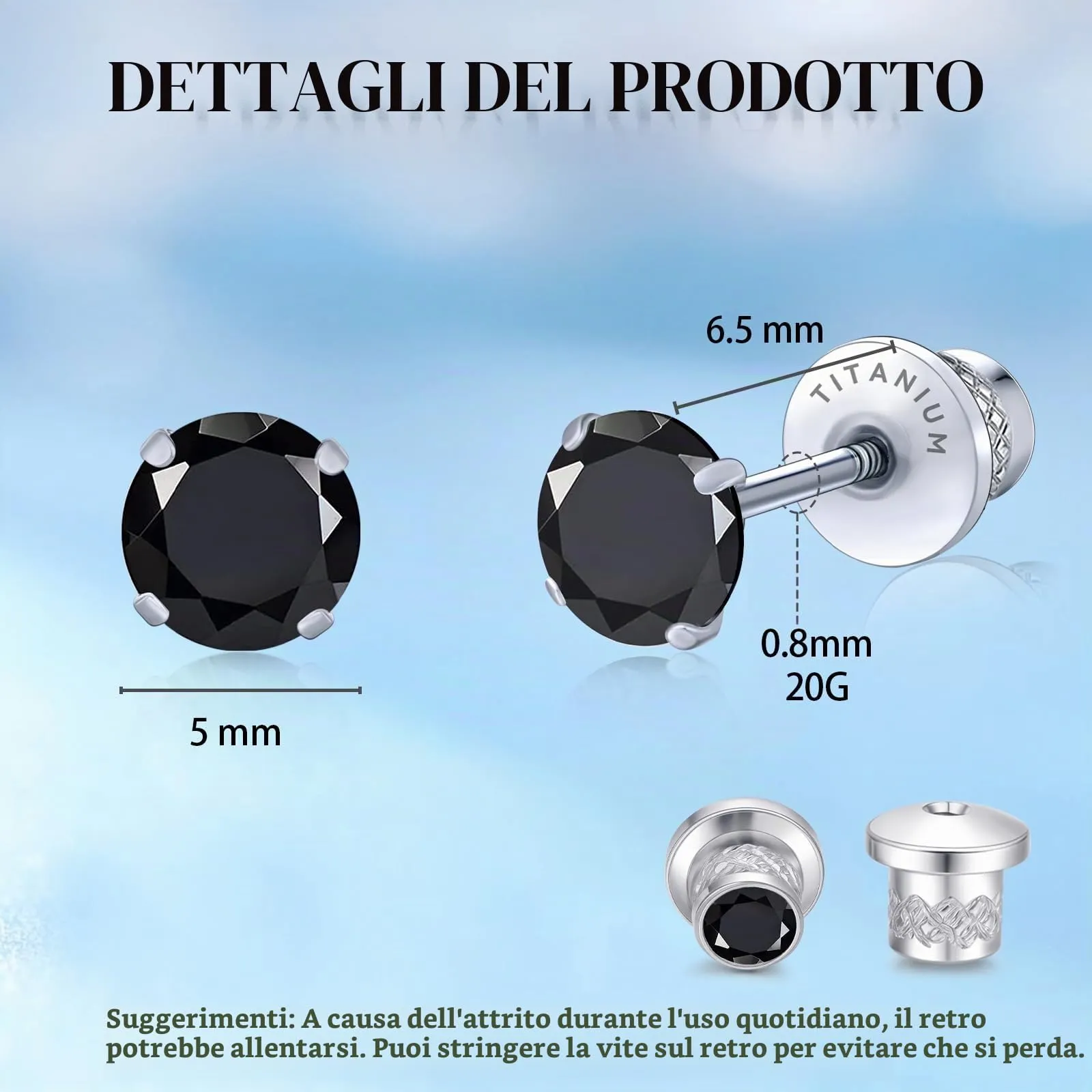Limerencia G23 Orecchini in Titanio con Zircone Cubica, 5mm, Nero - immagine 3
