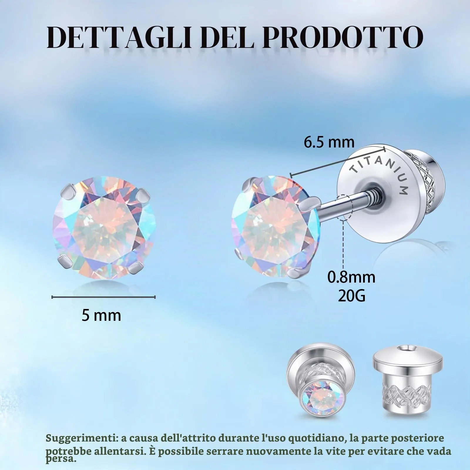 Limerencia G23 Orecchini in Titanio con Zircone Cubica, 5mm, Aurora Boreale - immagine 3