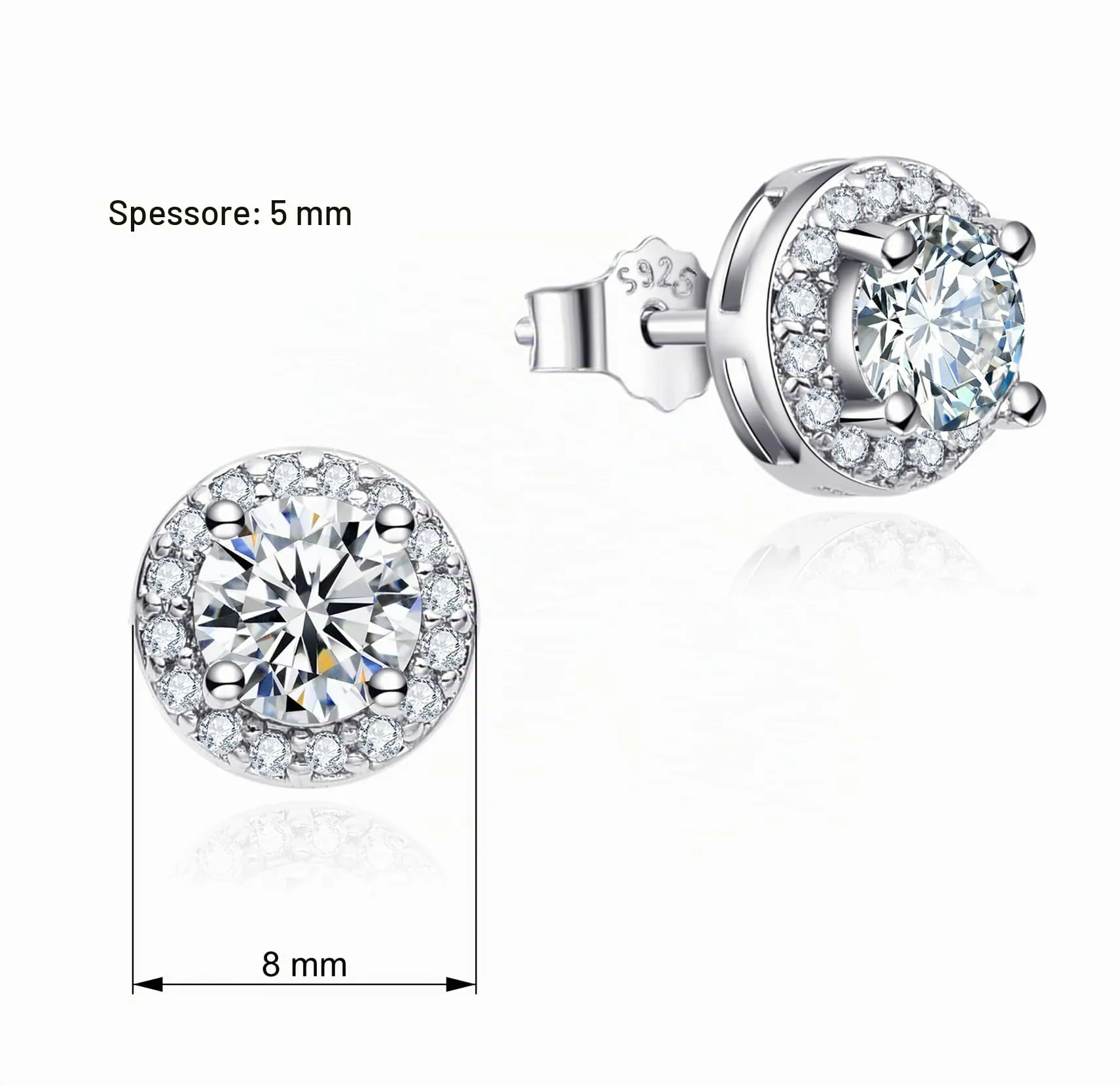 Dada Gioielli Orecchini in Argento 925 Rotondo 8mm Punto Luce con Zirconi Bianchi - immagine 5