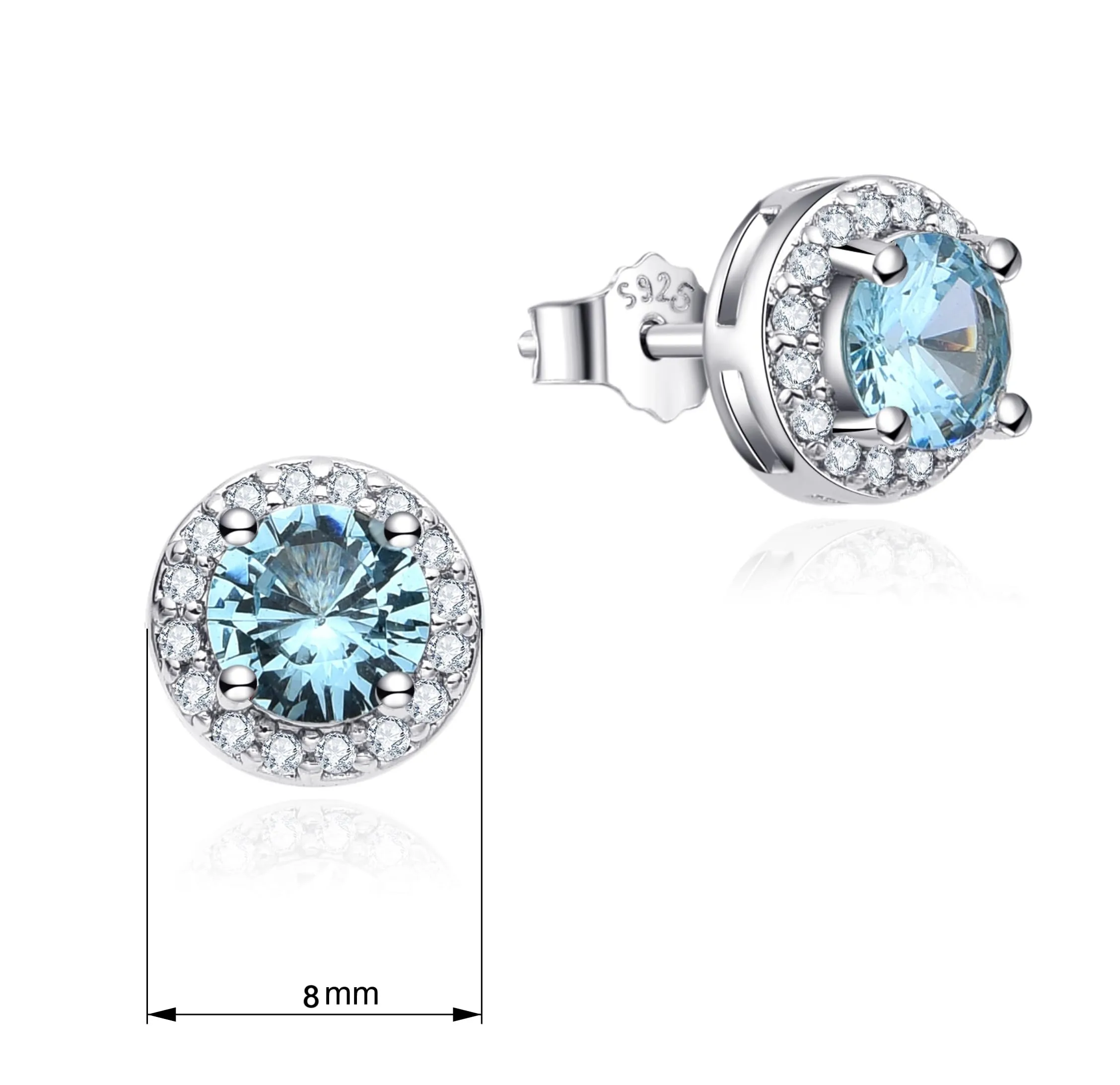 Dada Gioielli Orecchini Argento 925 Rotondo 8mm Punto Luce con Zirconi (Azzurro Acquamarina) - immagine 6