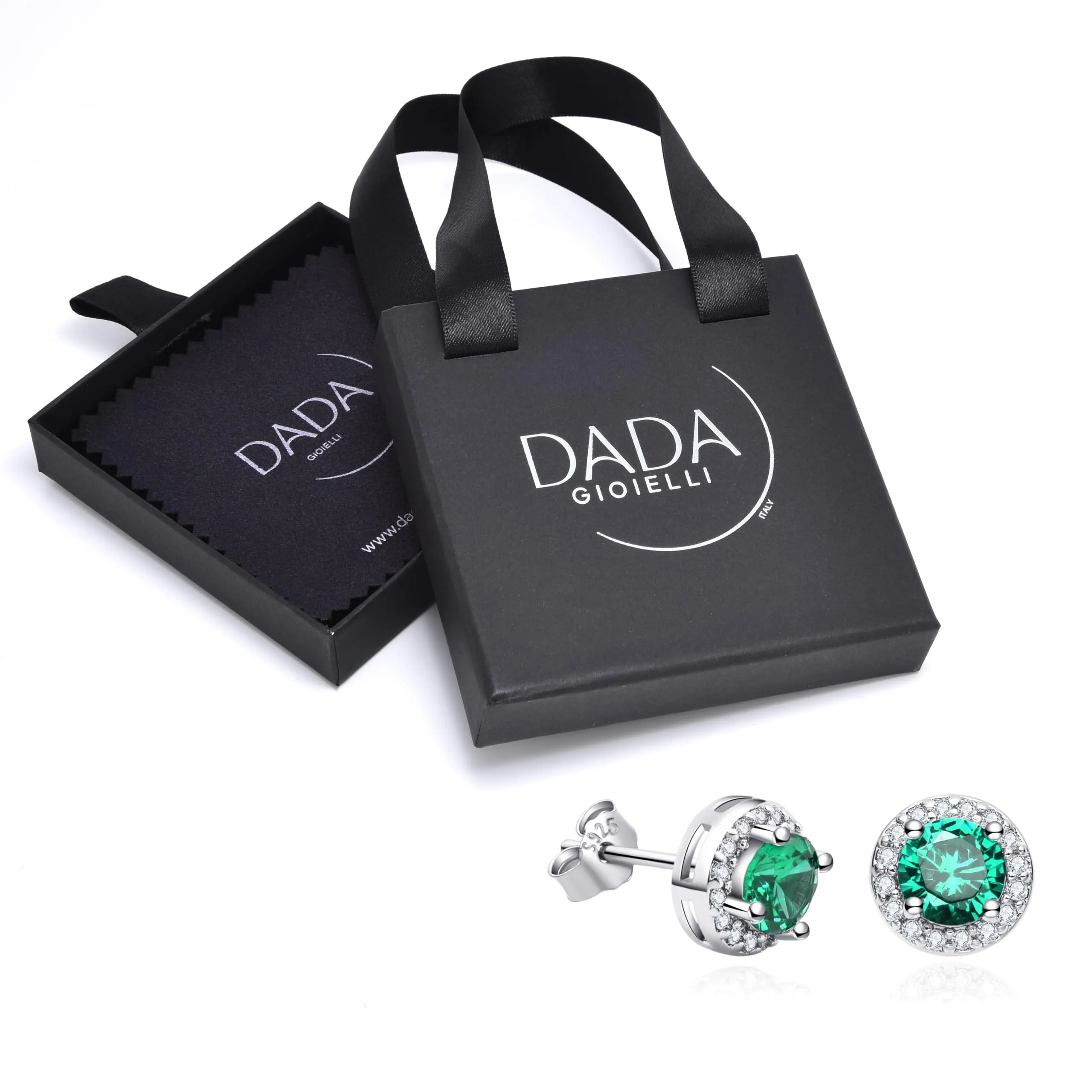 Dada Gioielli Orecchini Argento 925 Rotondo 8mm Punto Luce con Zirconi Verde Smeraldo - immagine 5