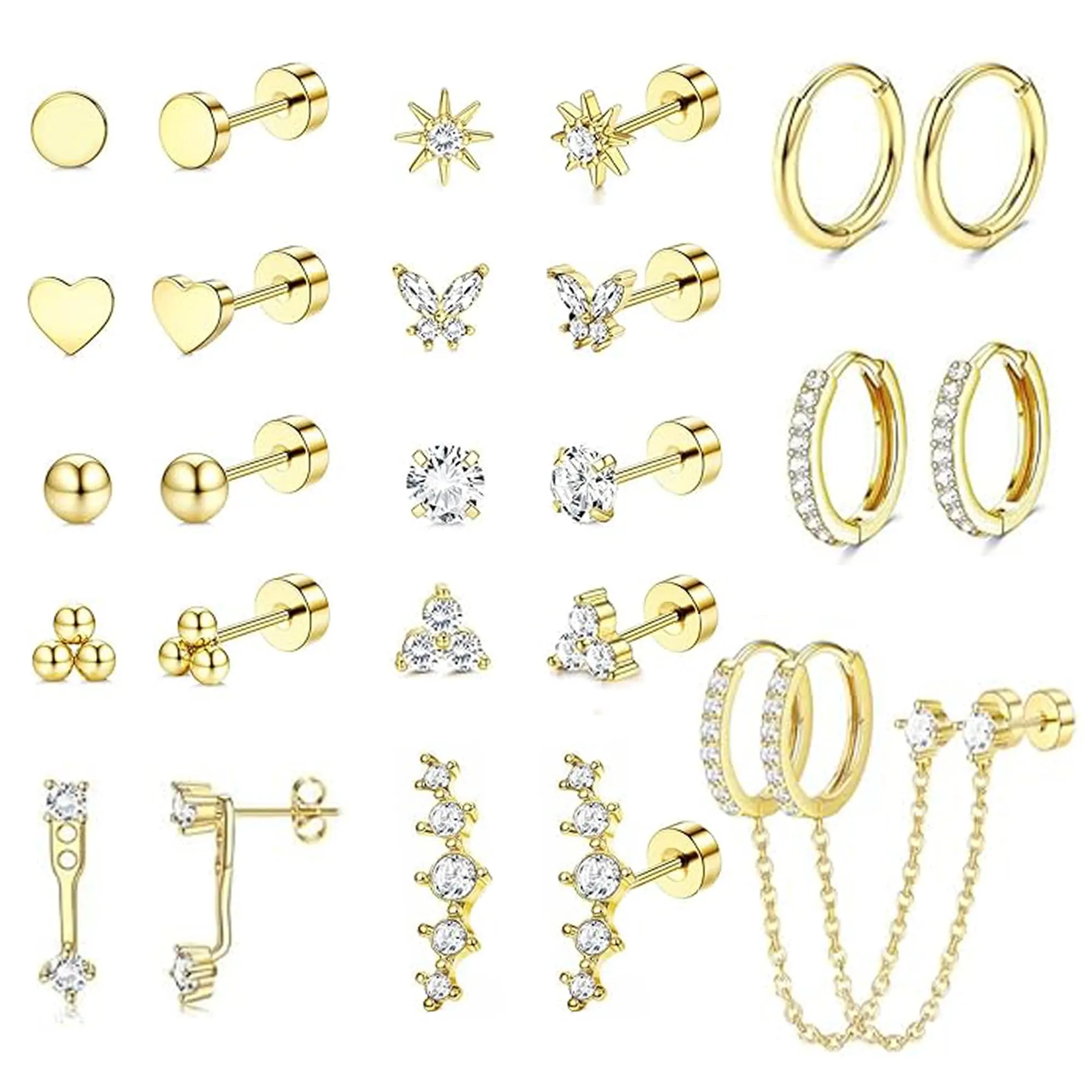 LOFITOR Set Orecchini Base Piatta in Acciaio Chirurgico, Stud e Cerchi Oro per Piercing Lobe, Cartilagine, Tragus ed Helix - immagine 1