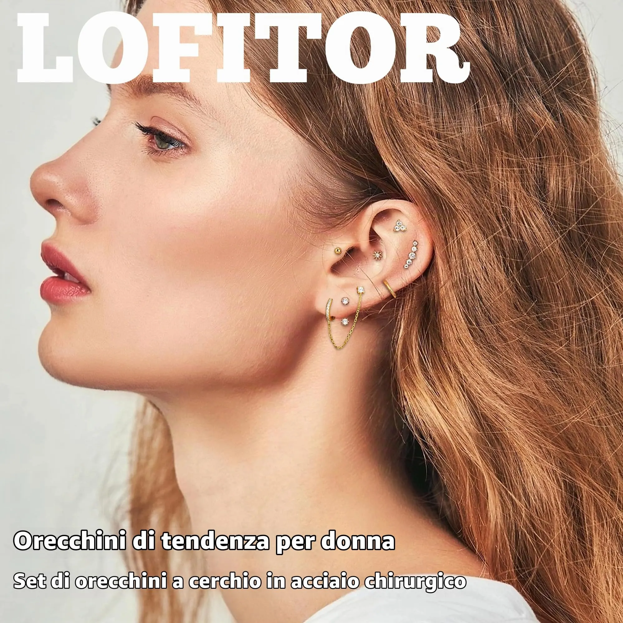 LOFITOR Set Orecchini Base Piatta in Acciaio Chirurgico, Stud e Cerchi Oro per Piercing Lobe, Cartilagine, Tragus ed Helix - immagine 2
