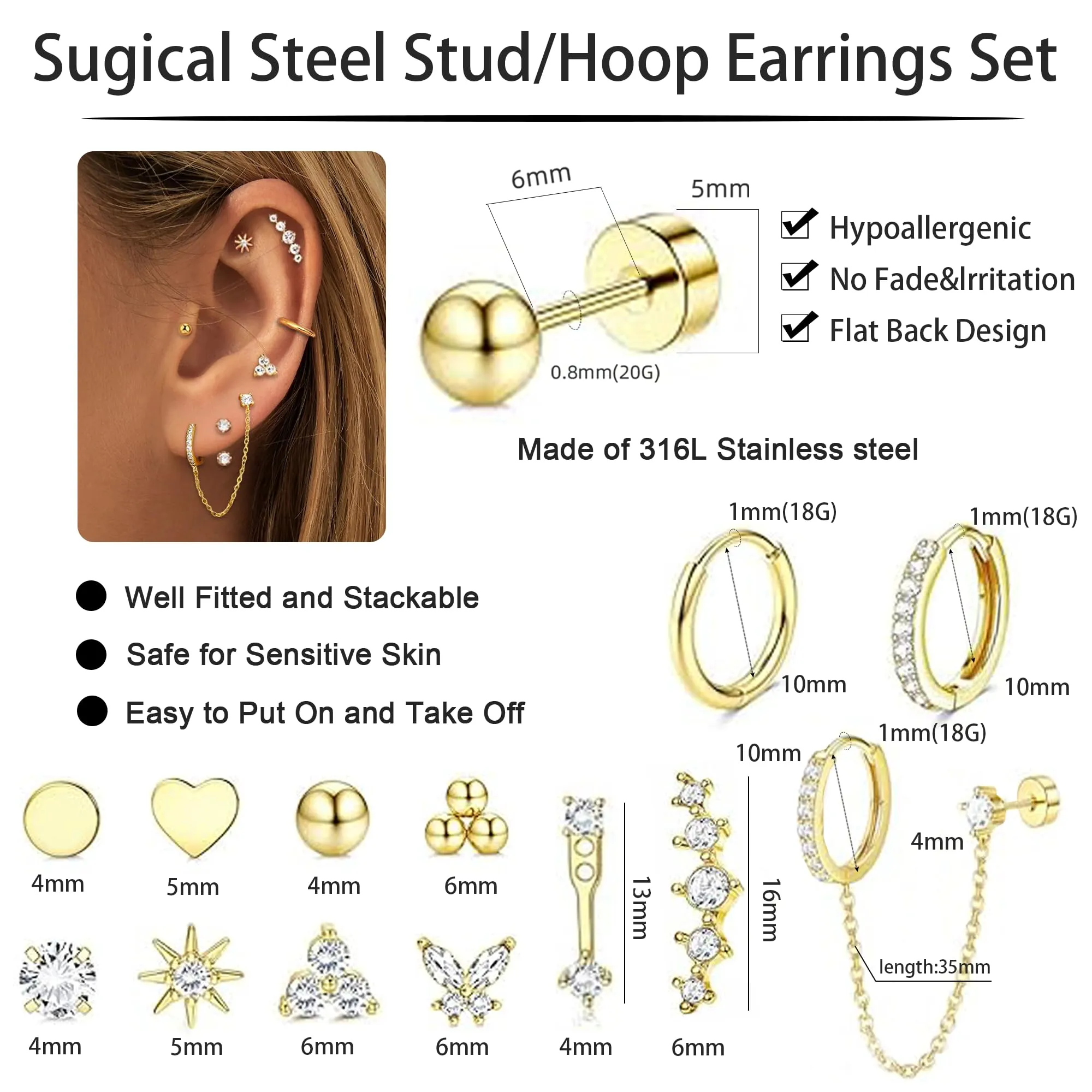 LOFITOR Set Orecchini Base Piatta in Acciaio Chirurgico, Stud e Cerchi Oro per Piercing Lobe, Cartilagine, Tragus ed Helix - immagine 4