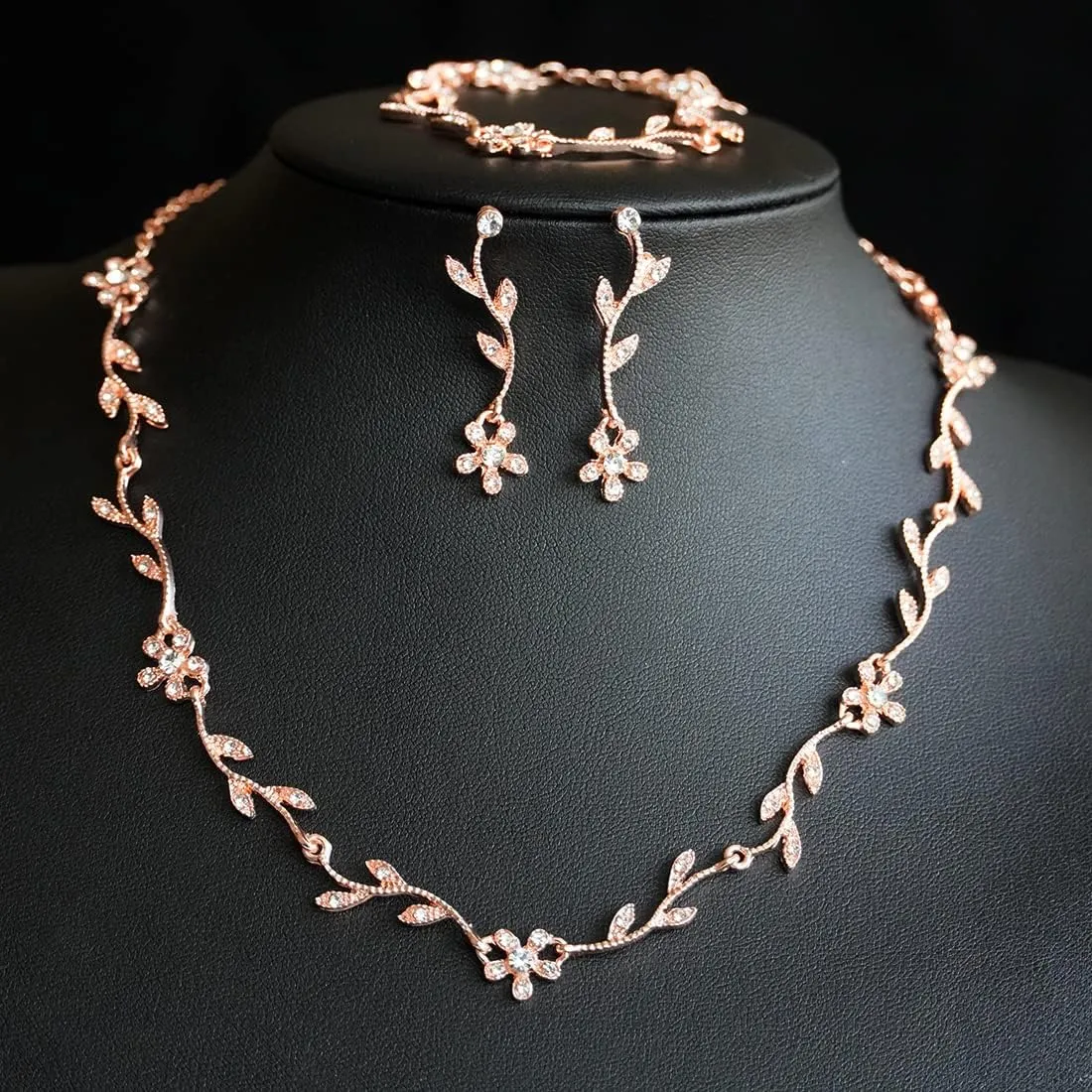 CHarmeFleur Set Gioielli da Sposa con Cristalli, Collana Choker, Orecchini e Bracciale (Oro Rosa) - immagine 2