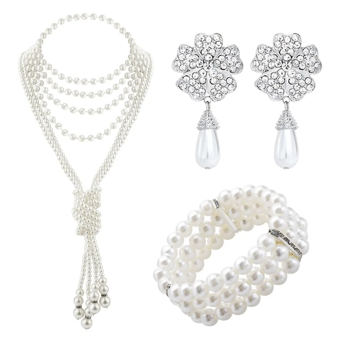 OIXYEY Set di Gioielli con Perle Anni '20, Collana, Braccialetto Multistrato e Orecchini a Fiore (Argento B) - immagine 1